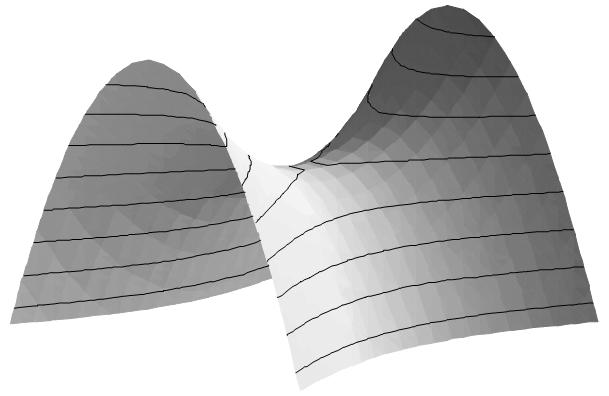 Hiperbolikus paraboloid Minden pontban hiperbolikus. Teljes egyeneseket tartalmaz. (Minden felületi ponton két alkotó halad át.