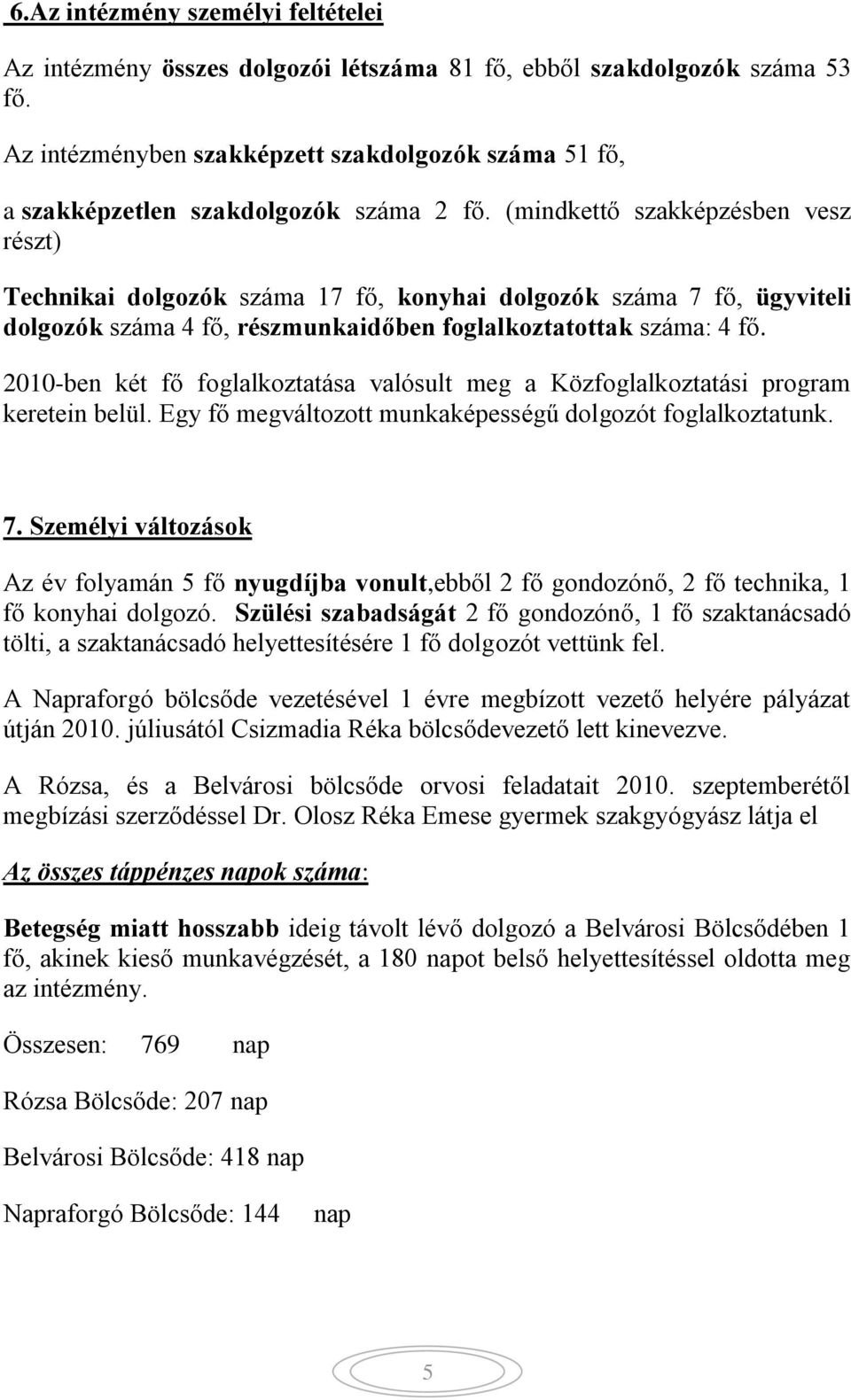 (mindkettő szakképzésben vesz részt) Technikai dolgozók száma 17 fő, konyhai dolgozók száma 7 fő, ügyviteli dolgozók száma 4 fő, részmunkaidőben foglalkoztatottak száma: 4 fő.