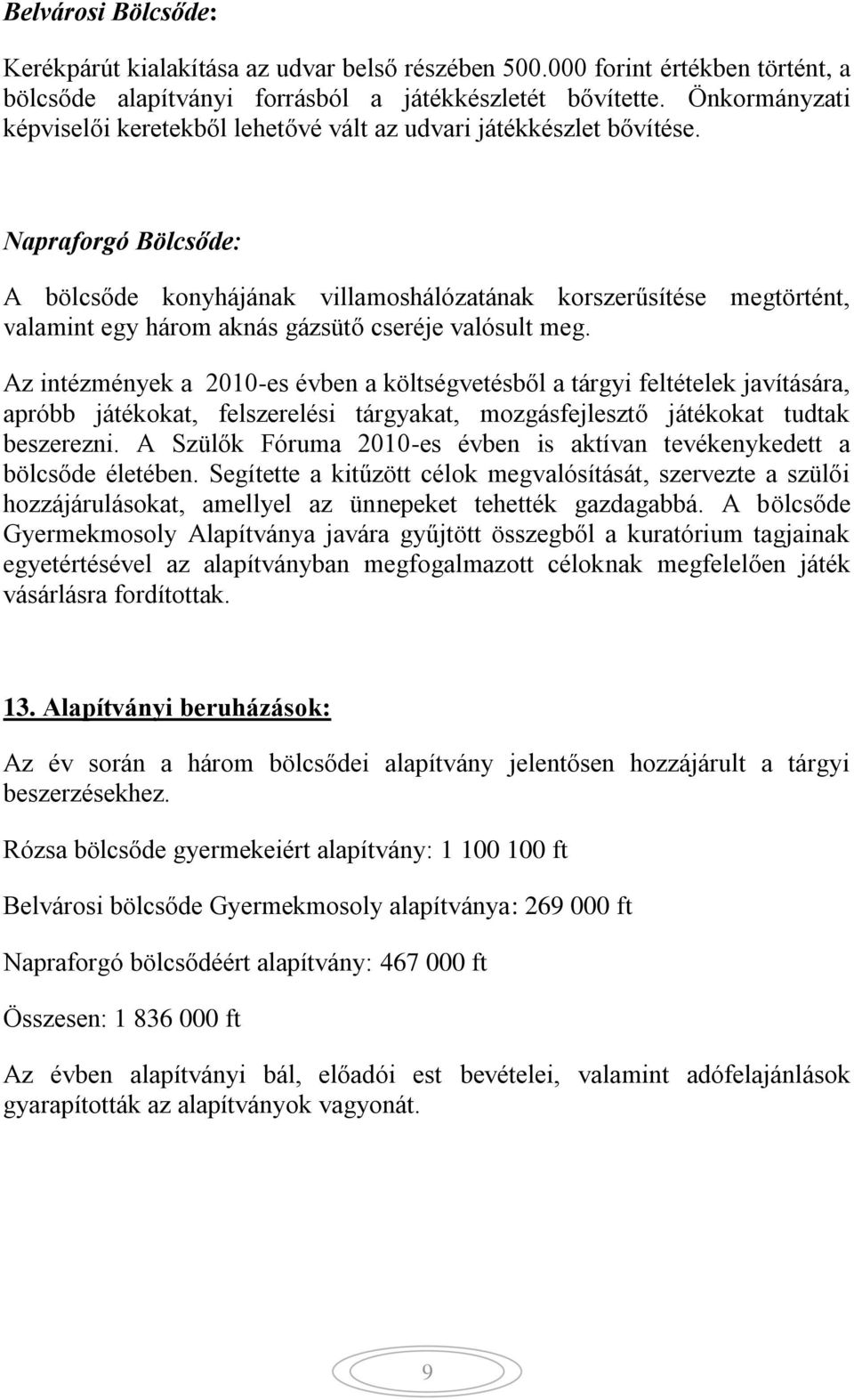 Napraforgó Bölcsőde: A bölcsőde konyhájának villamoshálózatának korszerűsítése megtörtént, valamint egy három aknás gázsütő cseréje valósult meg.