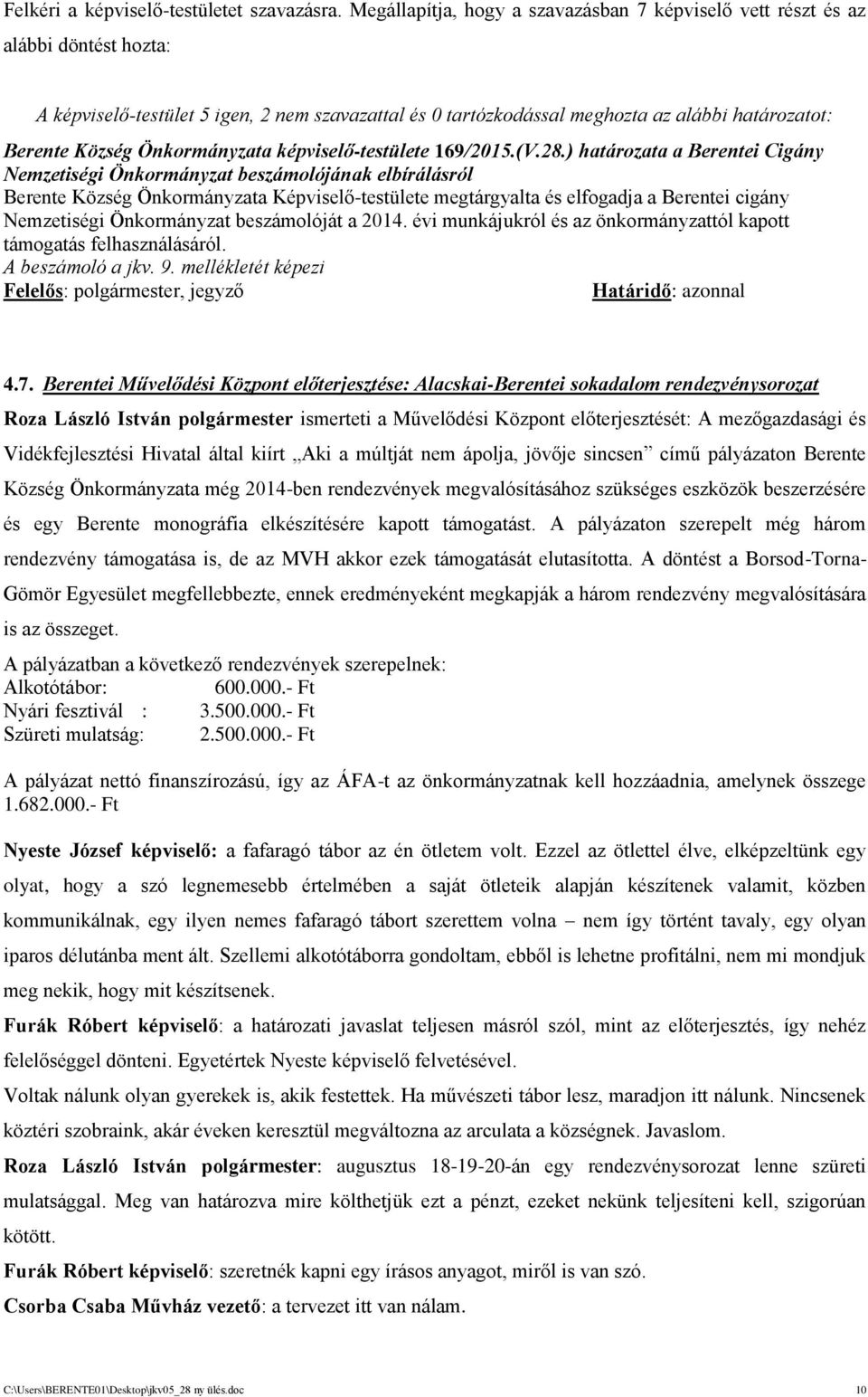 Önkormányzata képviselő-testülete 169/2015.(V.28.