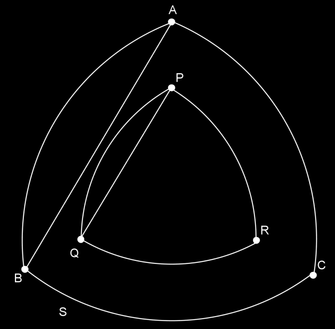 Ha 1. Akkor a körháromszög csúcsait összekötő egységsugarú körívek középpontjai a körháromszögön kívülre esnek, jelölj most ezeket a középpontokat P, Q és R.
