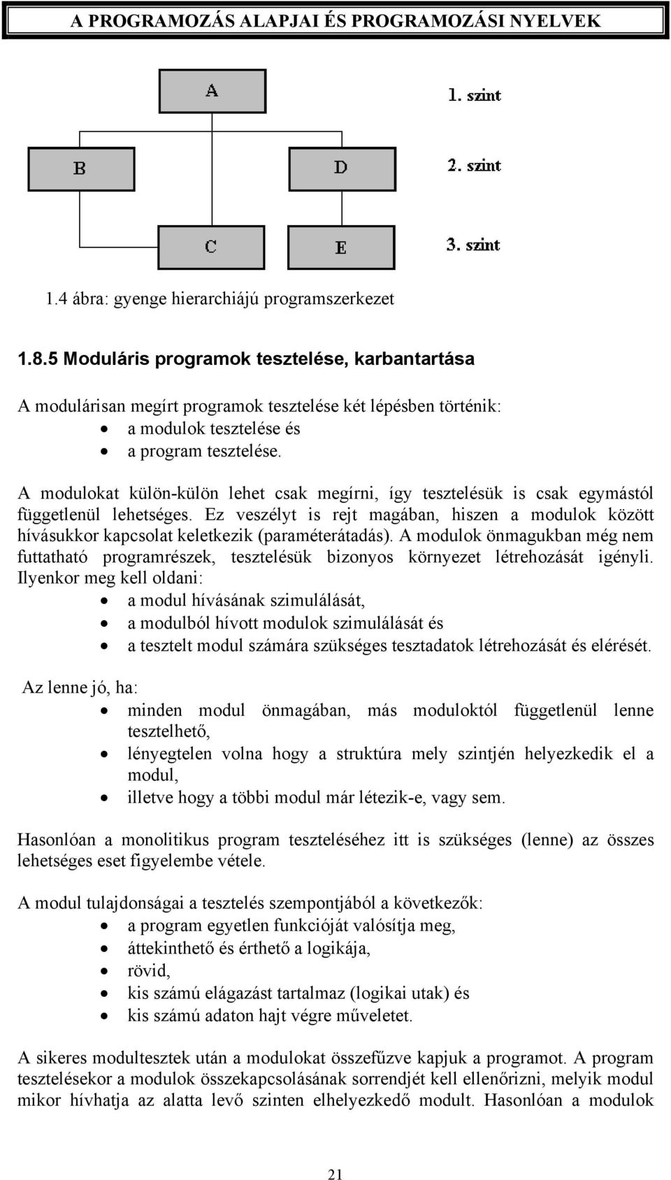 A modulokat külön-külön lehet csak megírni, így tesztelésük is csak egymástól függetlenül lehetséges.