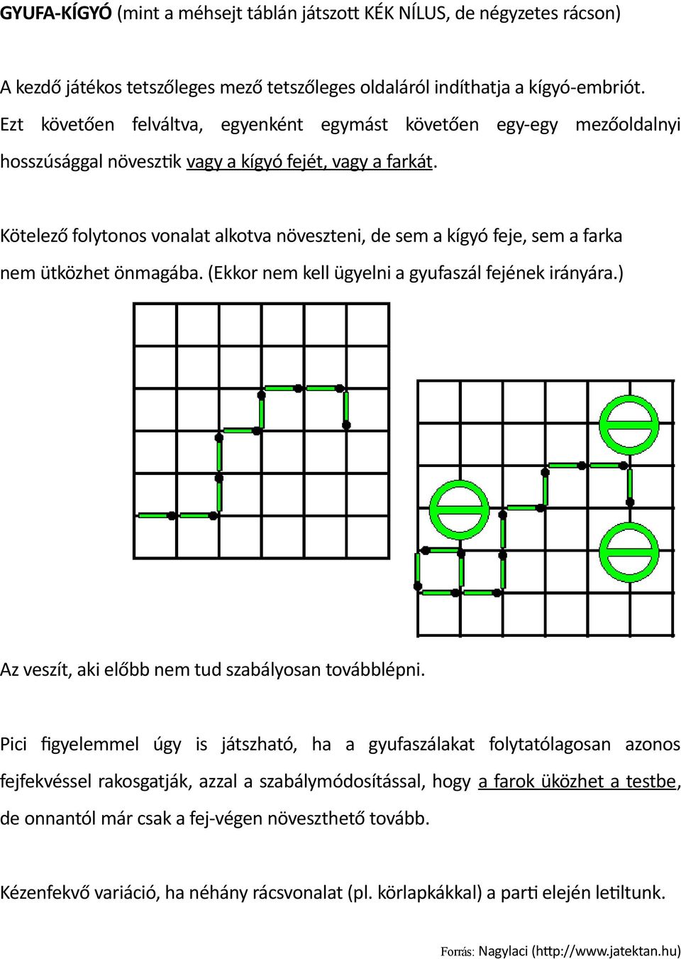 Kötelező folytonos vonalat alkotva növeszteni, de sem a kígyó feje, sem a farka nem ütközhet önmagába. (Ekkor nem kell ügyelni a gyufaszál fejének irányára.