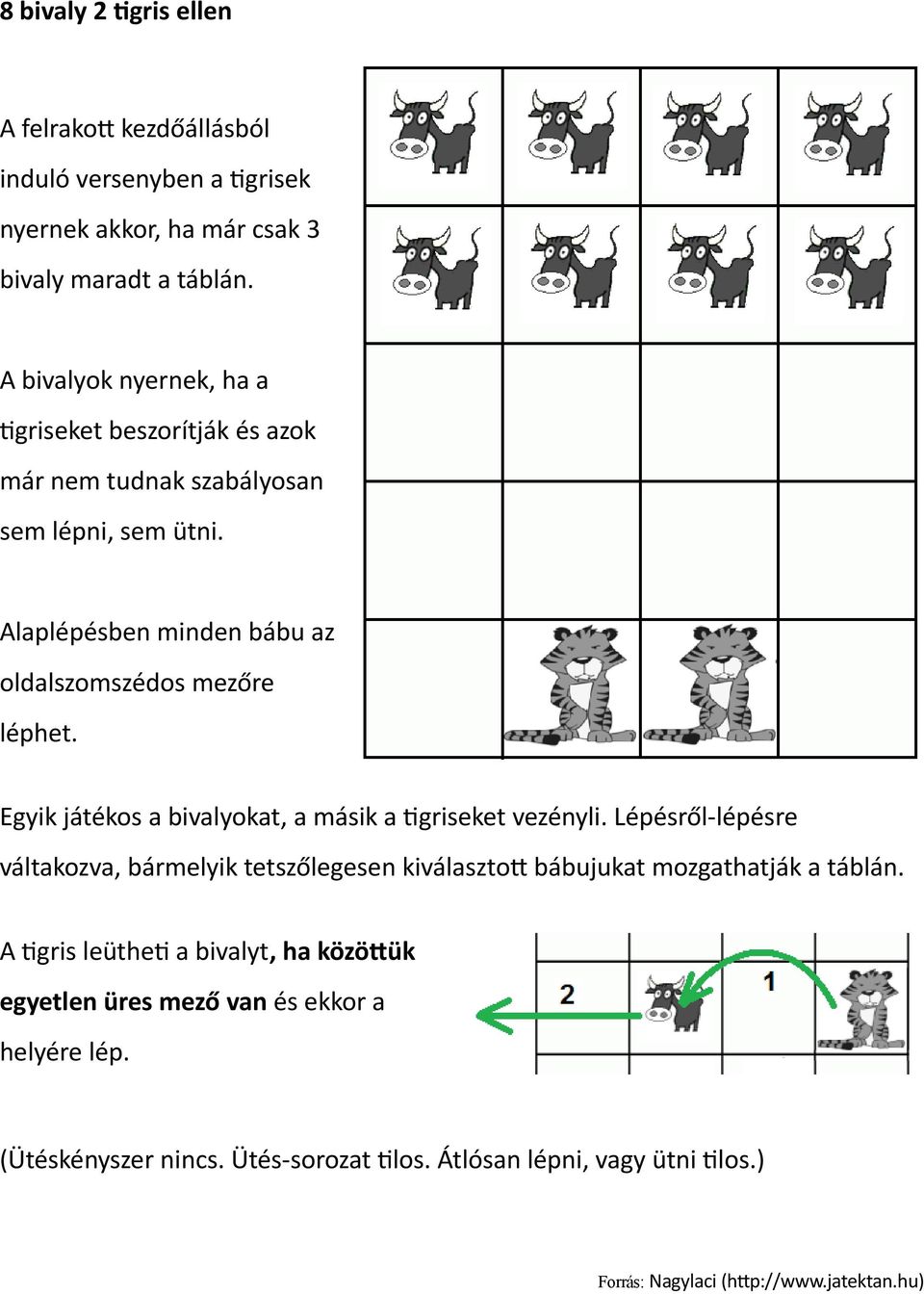 Alaplépésben minden bábu az oldalszomszédos mezőre léphet. Egyik játékos a bivalyokat, a másik a tigriseket vezényli.