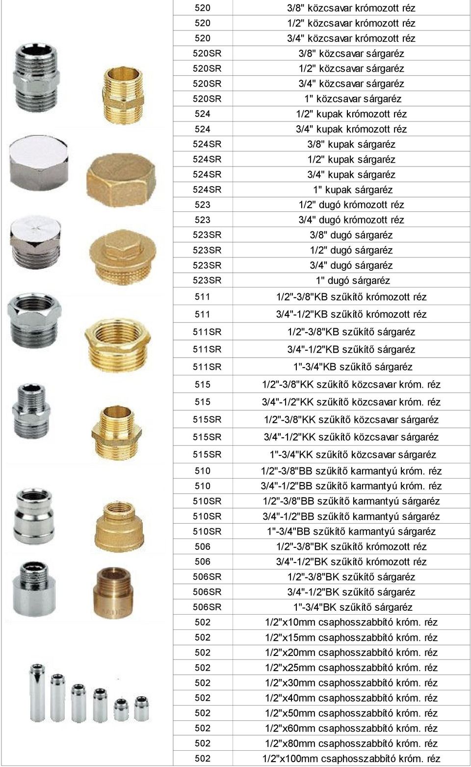 1" kupak sárgaréz 1/2" dugó krómozott réz 3/4" dugó krómozott réz 3/8" dugó sárgaréz 1/2" dugó sárgaréz 3/4" dugó sárgaréz 1" dugó sárgaréz 511 1/2"-3/8"KB szűkítő krómozott réz 511 3/4"-1/2"KB