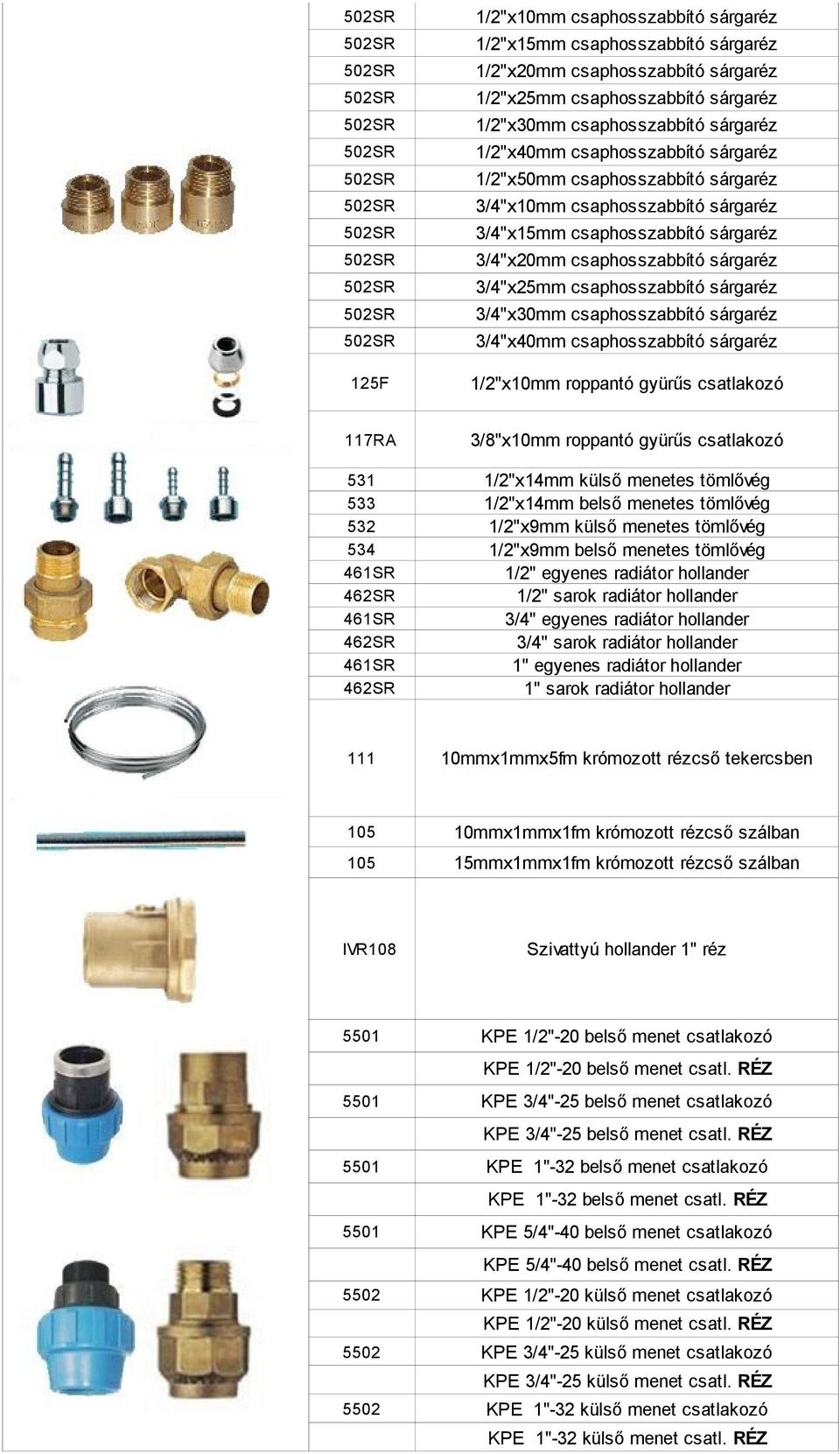 3/4"x30mm csaphosszabbító sárgaréz 3/4"x40mm csaphosszabbító sárgaréz 125F 1/2"x10mm roppantó gyürűs csatlakozó 117RA 3/8"x10mm roppantó gyürűs csatlakozó 531 533 532 534 461SR 462SR 461SR 462SR
