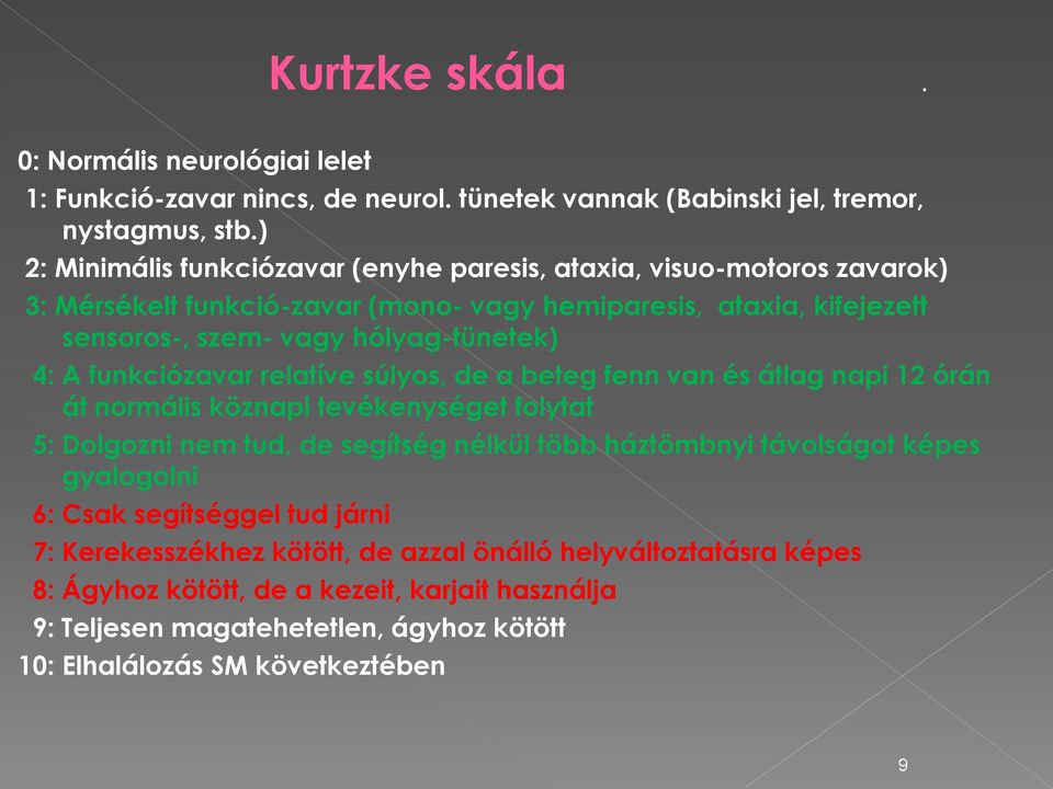 4: A funkciózavar relatíve súlyos, de a beteg fenn van és átlag napi 12 órán át normális köznapi tevékenységet folytat 5: Dolgozni nem tud, de segítség nélkül több háztömbnyi távolságot