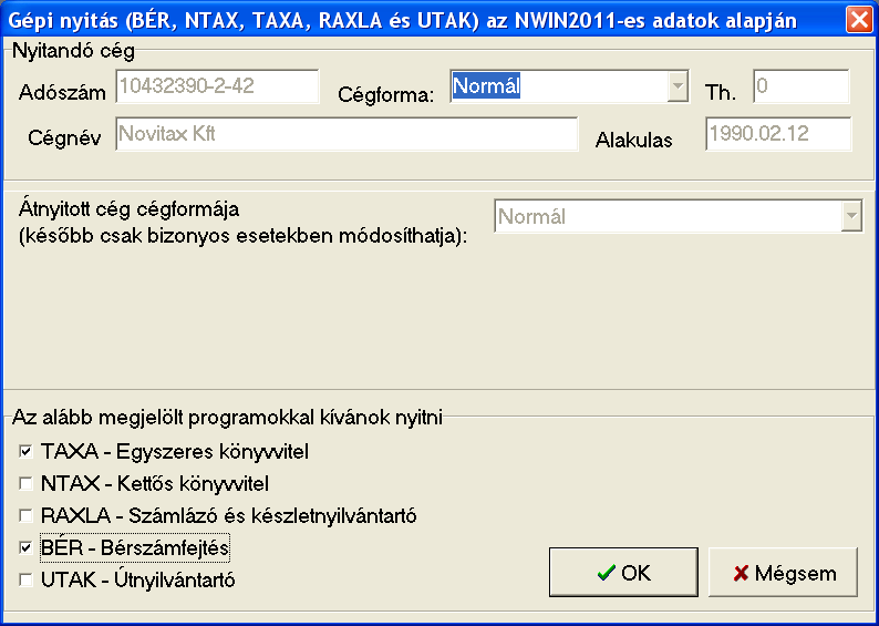 Az egyszeres könyvviteli program (TAXA), és a bérszámfejtési program (BÉR) adatok gépi, és kézi nyitása A gépi nyitás elindítása előtt az előző évi állományon javasoljuk az összes ellenőrzési funkció