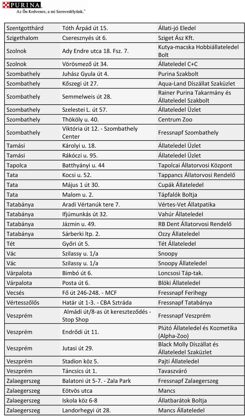Rainer Purina Takarmány és Állateledel Szakbolt Szombathely Szelestei L. út 57. Állateledel Üzlet Szombathely Thököly u. 40. Centrum Zoo Szombathely Viktória út 12.