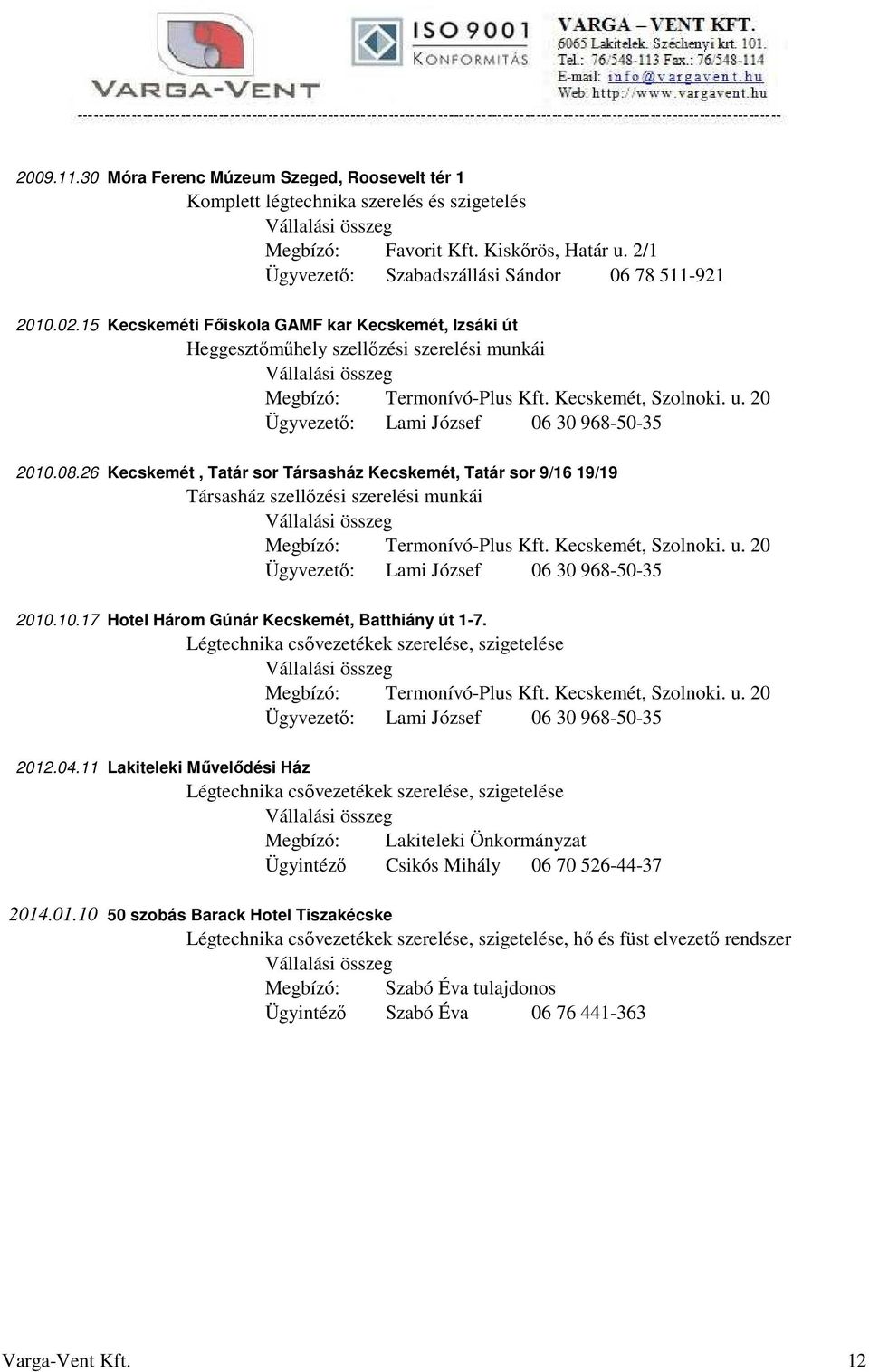 26 Kecskemét, Tatár sor Társasház Kecskemét, Tatár sor 9/16 19/19 Társasház szellőzési szerelési munkái 2010.10.17 Hotel Három Gúnár Kecskemét, Batthiány út 1-7.