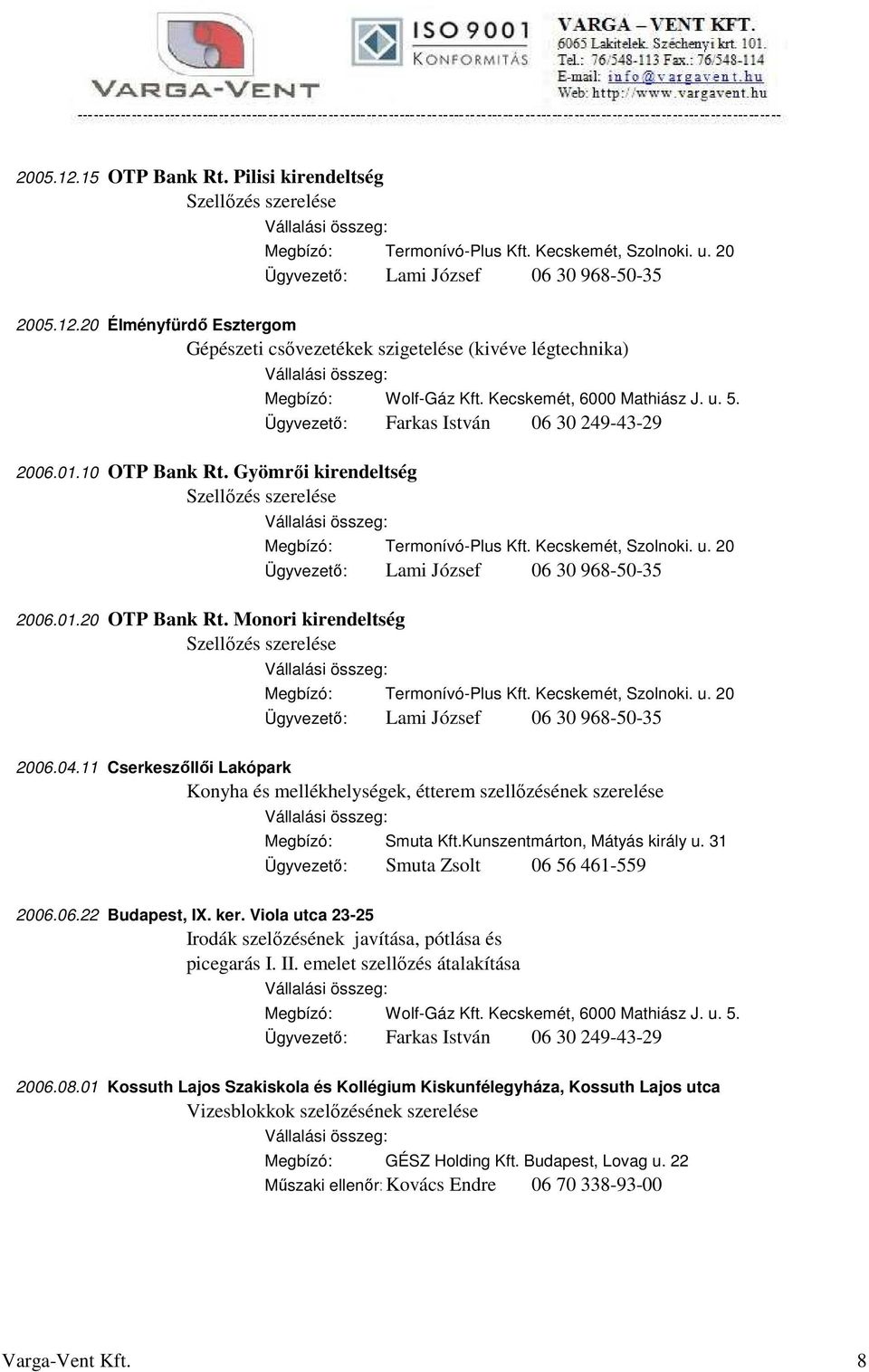 31 Ügyvezető: Smuta Zsolt 06 56 461-559 2006.06.22 Budapest, IX. ker. Viola utca 23-25 Irodák szelőzésének javítása, pótlása és picegarás I. II. emelet szellőzés átalakítása 2006.08.