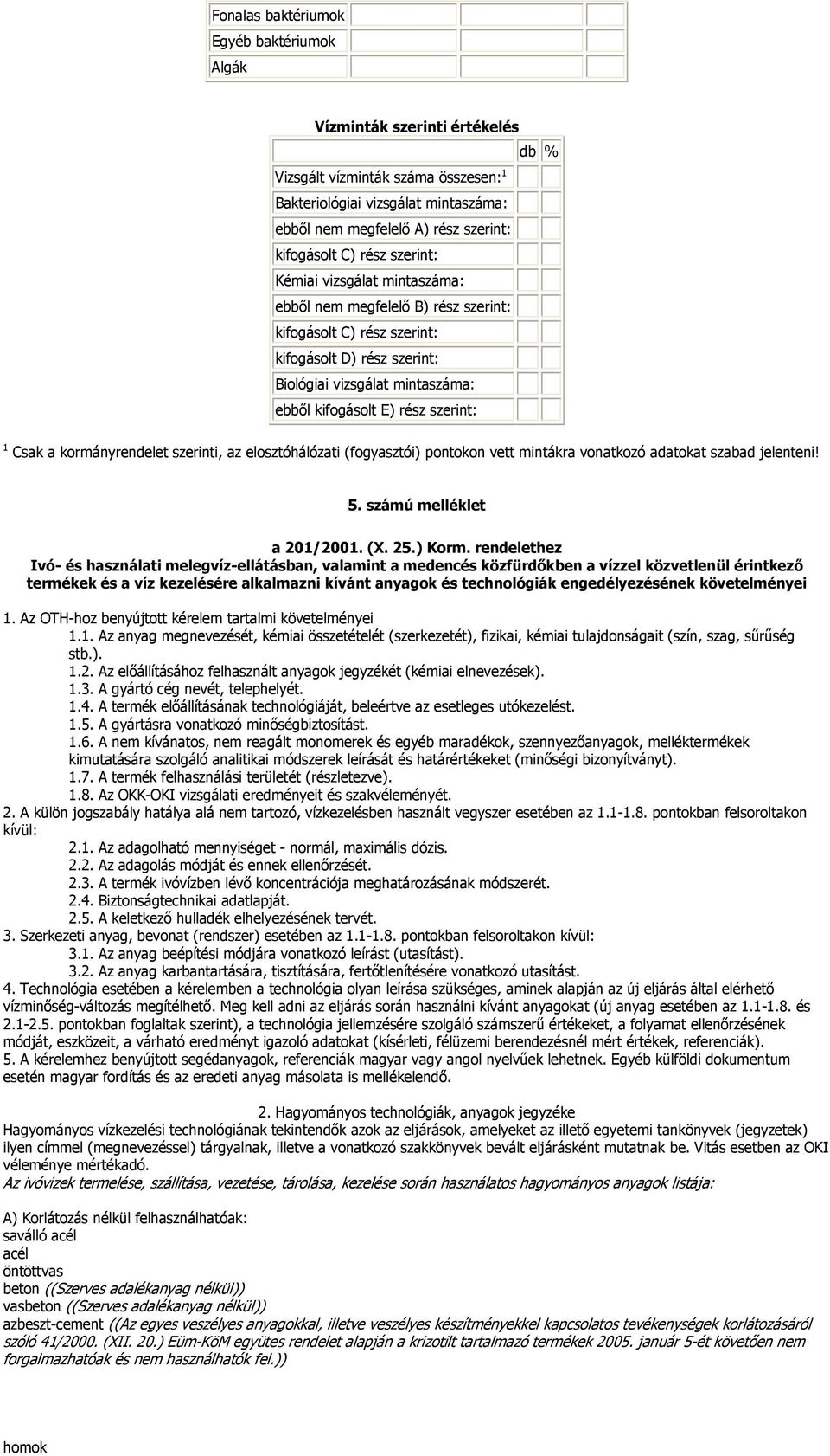 szerint: 1 Csak a kormányrendelet szerinti, az elosztóhálózati (fogyasztói) pontokon vett mintákra vonatkozó adatokat szabad jelenteni! 5. számú melléklet a 201/2001. (X. 25.) Korm.