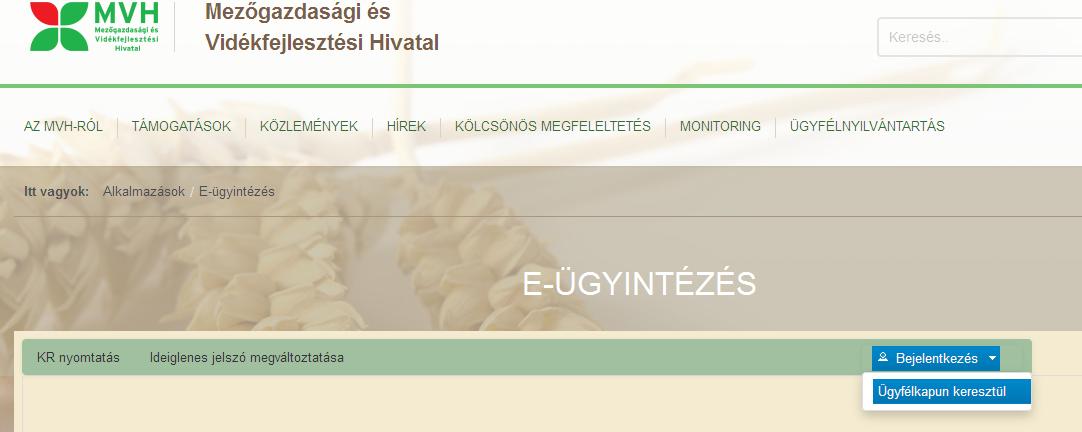 Az ügyfélkapura való belépést követően a beadó felület az Elektronikus kérelemkezelés legördülő menüpont lenyitásával, a Vidékfejlesztési