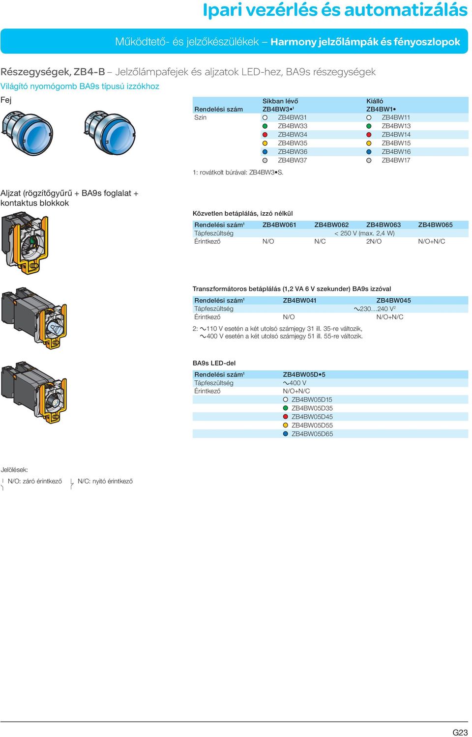 Aljzat (rögzítőgyűrű + BA9s foglalat + kontaktus blokkok Közvetlen betáplálás, izzó nélkül Rendelési szám 1 ZB4BW061 ZB4BW062 ZB4BW063 ZB4BW065 Tápfeszültség < 250 V (max.