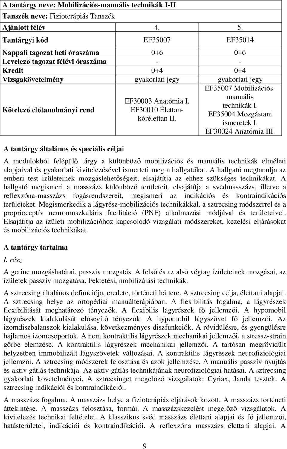 EF30003 Anatómia I. EF30010 Élettankórélettan II. 9 EF35007 Mobilizációsmanuális technikák I. EF35004 Mozgástani ismeretek I. EF30024 Anatómia III.