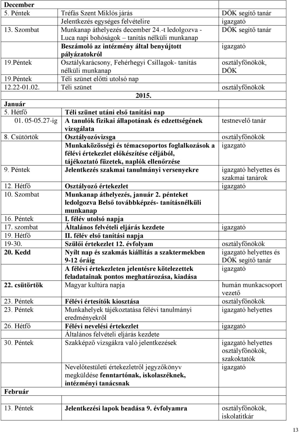 Péntek Osztálykarácsony, Fehérhegyi Csillagok- tanítás nélküli munkanap osztályfőnökök, DÖK 19.Péntek Téli szünet előtti utolsó nap 12.22-01.02. Téli szünet osztályfőnökök 2015. Január 5.