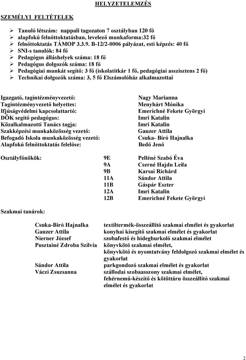 asszisztens 2 fő) Technikai dolgozók száma: 3, 5 fő Elszámolóház alkalmazottai Igazgató, tagintézményvezető: Tagintézményvezető helyettes: Ifjúságvédelmi kapcsolattartó: DÖK segítő pedagógus: