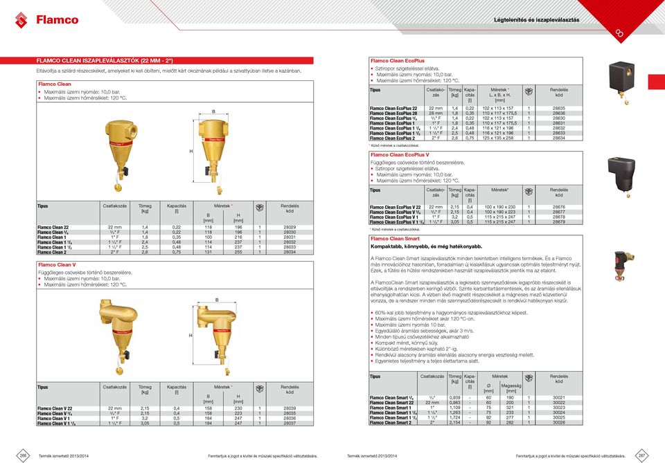F 2,4 0,4 114 237 1 2032 Flamco Clean 1 1 / 2 1 1 / 2" F 2,5 0,4 114 237 1 2033 Flamco Clean 2 2" F 2,6 0,75 131 255 1 2034 Flamco Clean V Függőleges csövekbe történő beszerelésre.