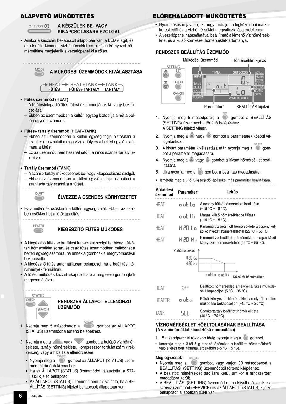 A vezérlôpanel használatával beállítható a kimenô víz hômérséklete, és a külsô környezet hômérséklet-tartománya.