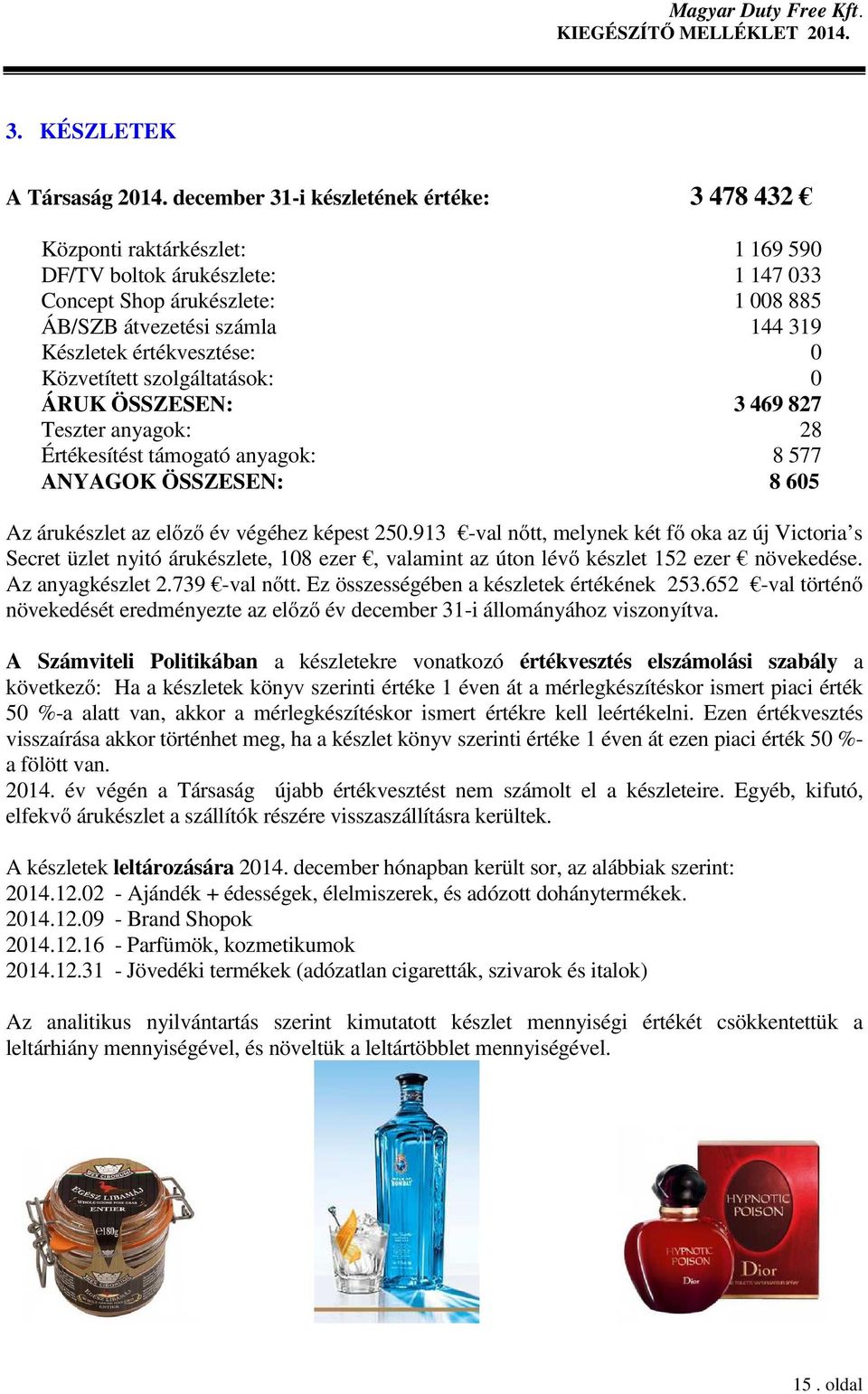 értékvesztése: 0 Közvetített szolgáltatások: 0 ÁRUK ÖSSZESEN: 3 469 827 Teszter anyagok: 28 Értékesítést támogató anyagok: 8 577 ANYAGOK ÖSSZESEN: 8 605 Az árukészlet az előző év végéhez képest 250.