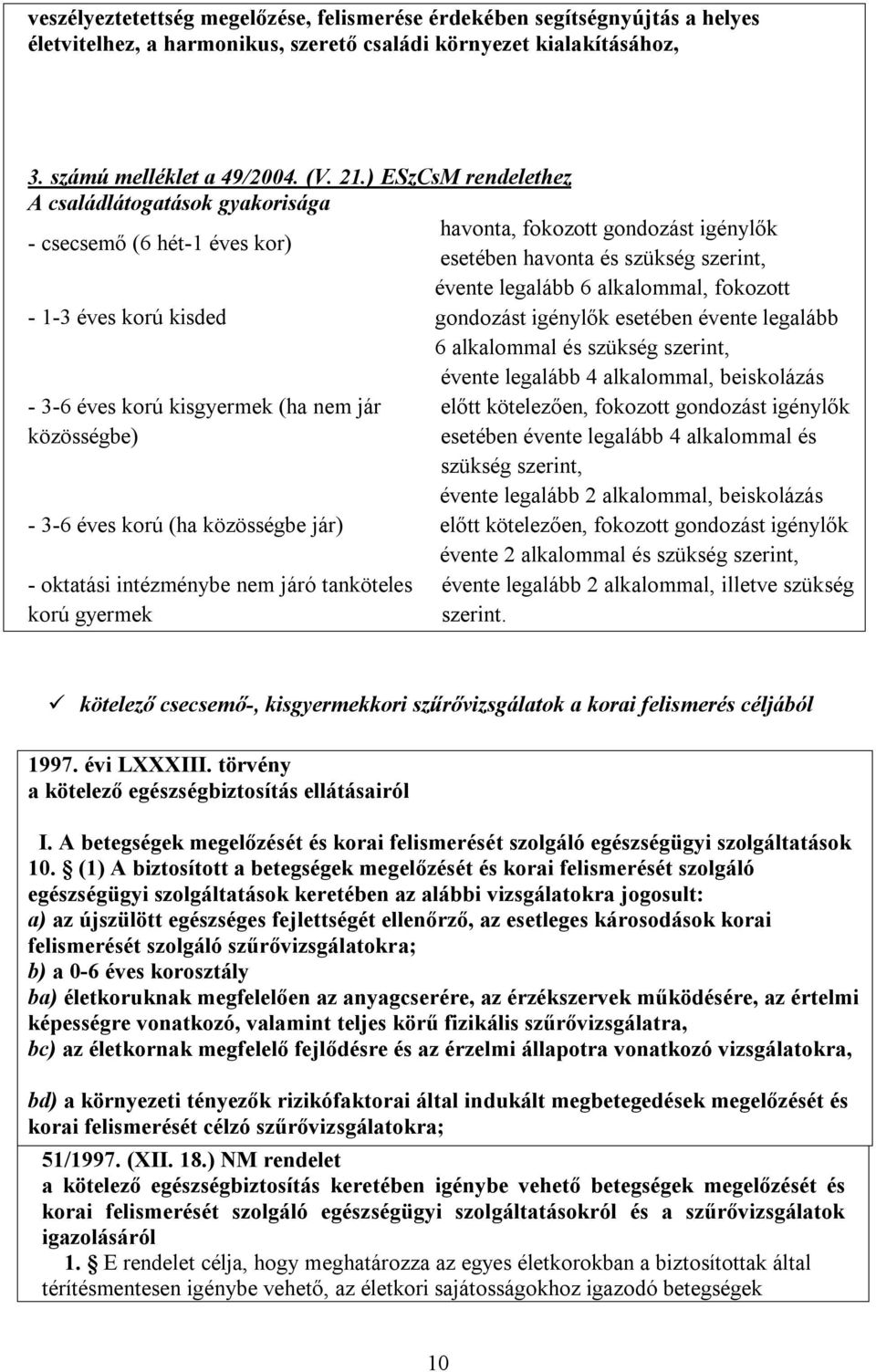 1-3 éves korú kisded gondozást igénylők esetében évente legalább 6 alkalommal és szükség szerint, évente legalább 4 alkalommal, beiskolázás - 3-6 éves korú kisgyermek (ha nem jár előtt kötelezően,