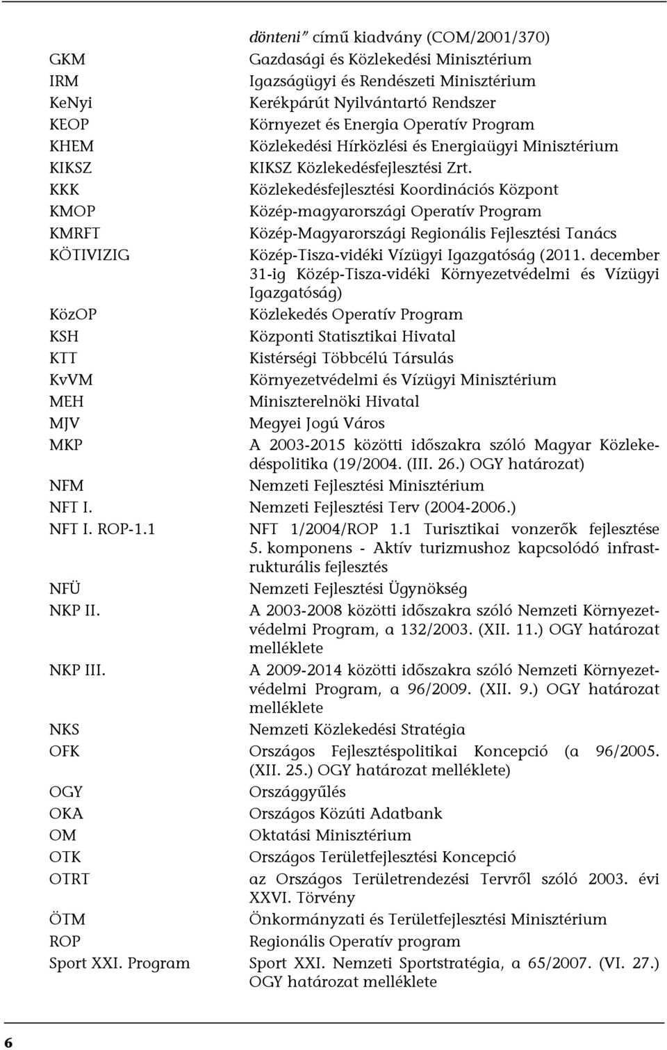 KKK Közlekedésfejlesztési Koordinációs Központ KMOP Közép-magyarországi Operatív Program KMRFT Közép-Magyarországi Regionális Fejlesztési Tanács KÖTIVIZIG Közép-Tisza-vidéki Vízügyi Igazgatóság (2011.