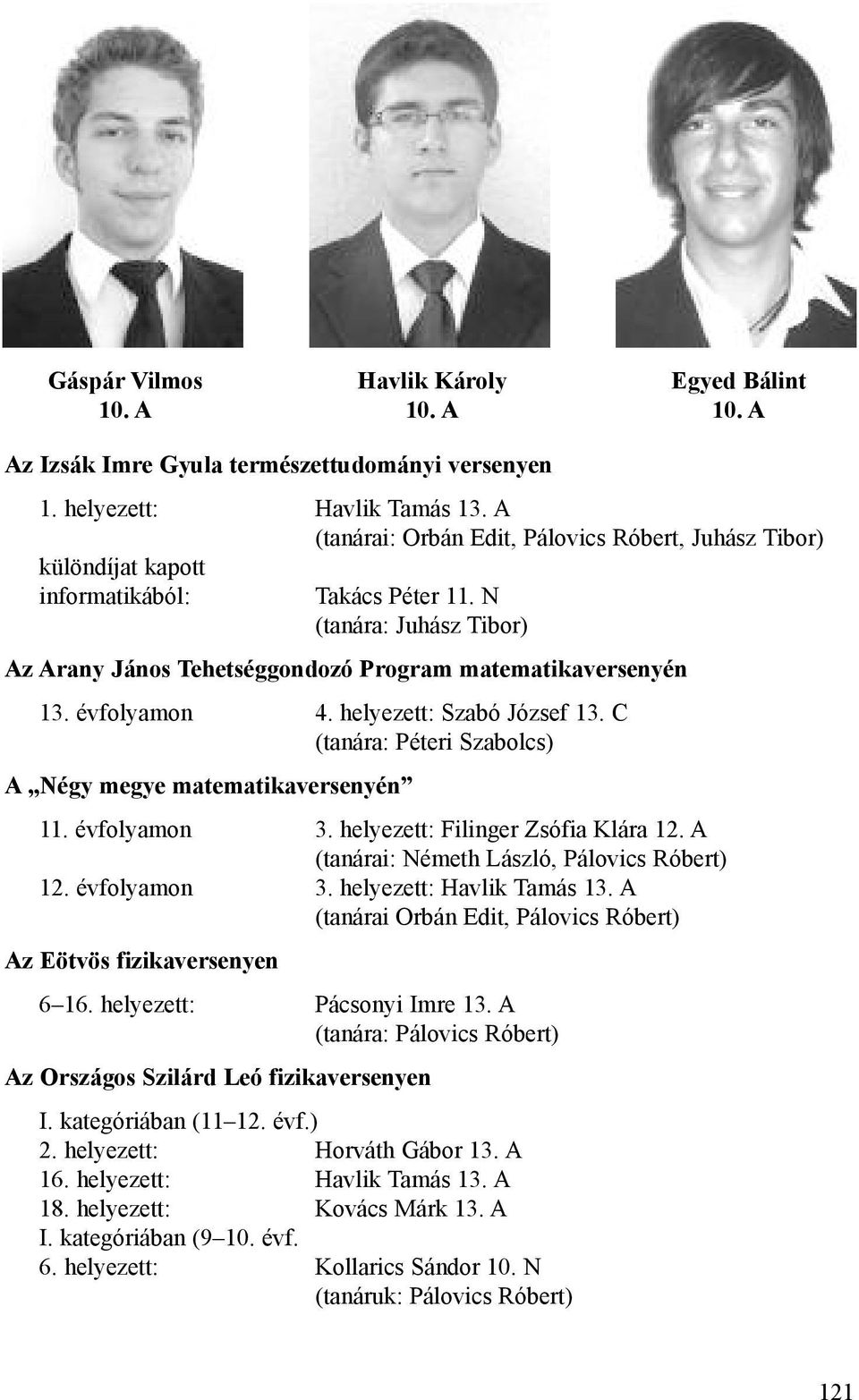 évfolyamon 4. helyezett: Szabó József 13. C (tanára: Péteri Szabolcs) A Négy megye matematikaversenyén 11. évfolyamon 3. helyezett: Filinger Zsófia Klára 12.