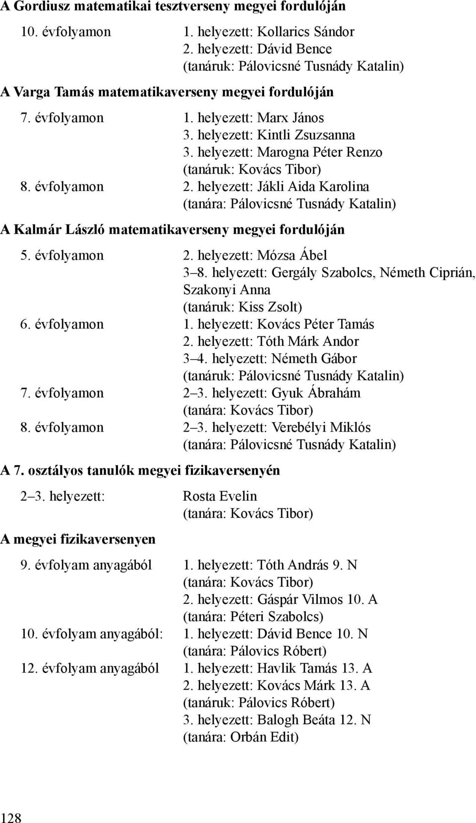 helyezett: Marogna Péter Renzo (tanáruk: Kovács Tibor) 8. évfolyamon 2. helyezett: Jákli Aida Karolina (tanára: Pálovicsné Tusnády Katalin) A Kalmár László matematikaverseny megyei fordulóján 5.