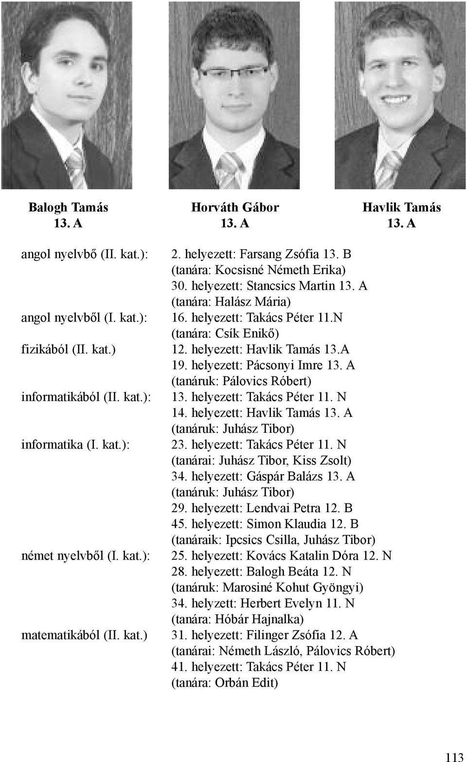 A (tanáruk: Pálovics Róbert) informatikából (II. kat.): 13. helyezett: Takács Péter 11. N 14. helyezett: Havlik Tamás 13. A (tanáruk: Juhász Tibor) informatika (I. kat.): 23.