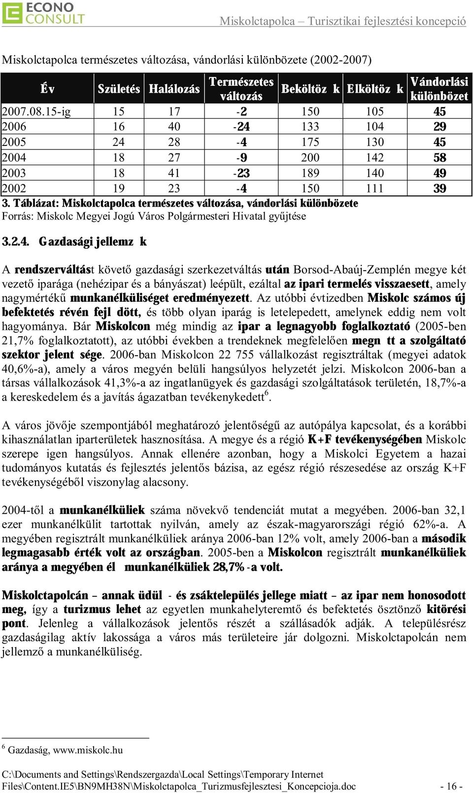 Táblázat: Miskolctapolca természetes változása, vándorlási különbözete Forrás: Miskolc Megyei Jogú Város Polgármesteri Hivatal gyűjtése 3.2.4.