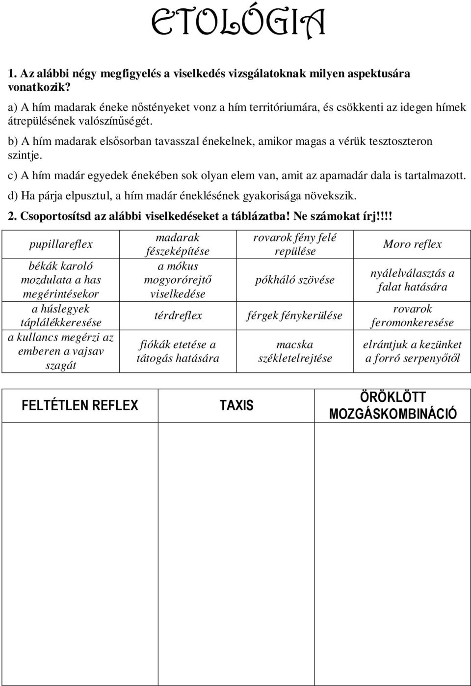 b) A hím madarak elsősorban tavasszal énekelnek, amikor magas a vérük tesztoszteron szintje. c) A hím madár egyedek énekében sok olyan elem van, amit az apamadár dala is tartalmazott.