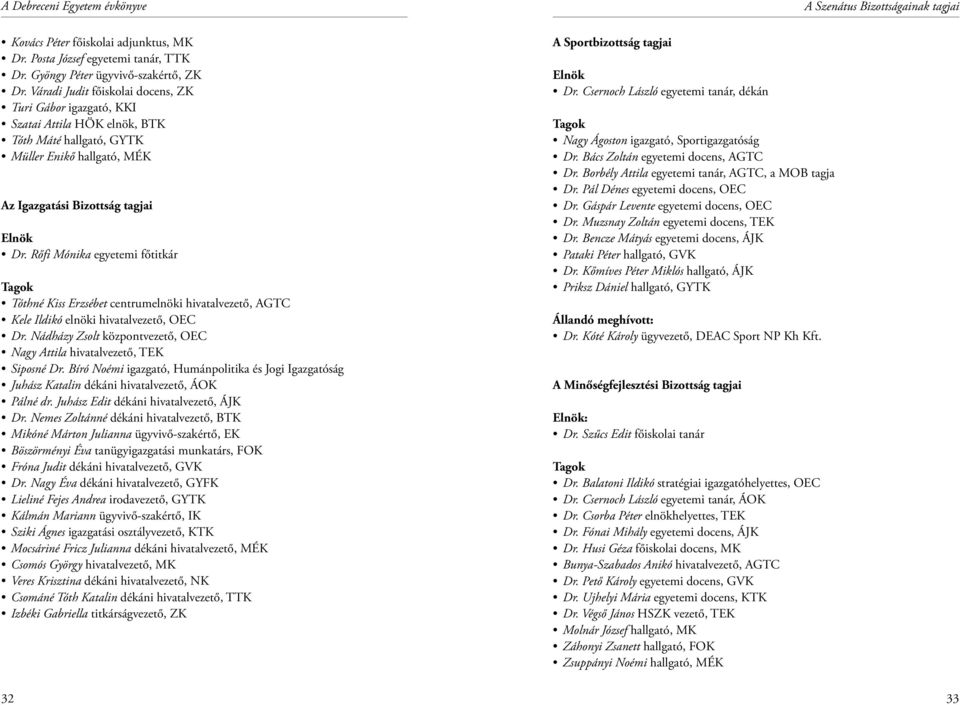 Rőfi Mónika egyetemi főtitkár Tagok Tóthné Kiss Erzsébet centrumelnöki hivatalvezető, AGTC Kele Ildikó elnöki hivatalvezető, OEC Dr.