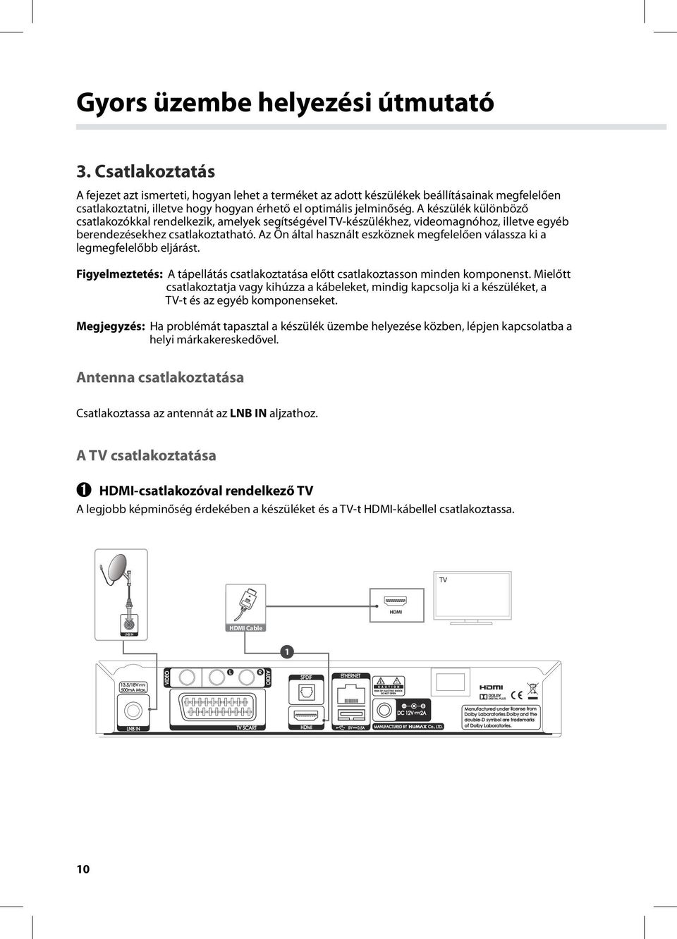 A készülék különböző csatlakozókkal rendelkezik, amelyek segítségével TV-készülékhez, videomagnóhoz, illetve egyéb berendezésekhez csatlakoztatható.