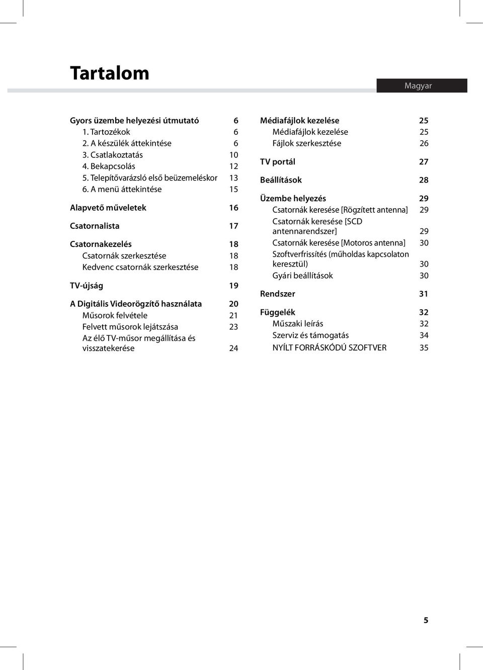 felvétele 21 Felvett műsorok lejátszása 23 Az élő TV-műsor megállítása és visszatekerése 24 Médiafájlok kezelése 25 Médiafájlok kezelése 25 Fájlok szerkesztése 26 TV portál 27 Beállítások 28 Üzembe