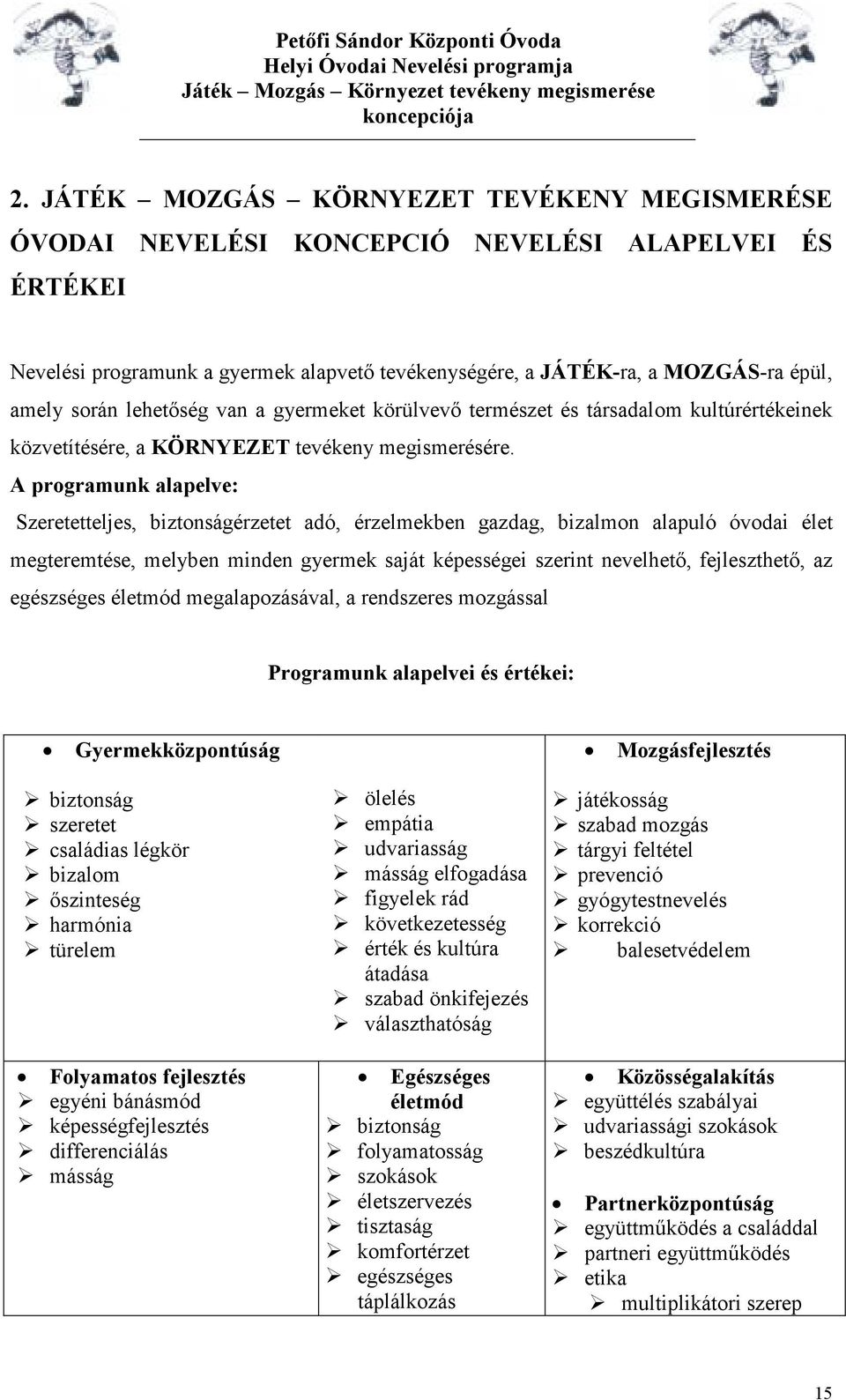 A programunk alapelve: Szeretetteljes, biztonságérzetet adó, érzelmekben gazdag, bizalmon alapuló óvodai élet megteremtése, melyben minden gyermek saját képességei szerint nevelhető, fejleszthető, az