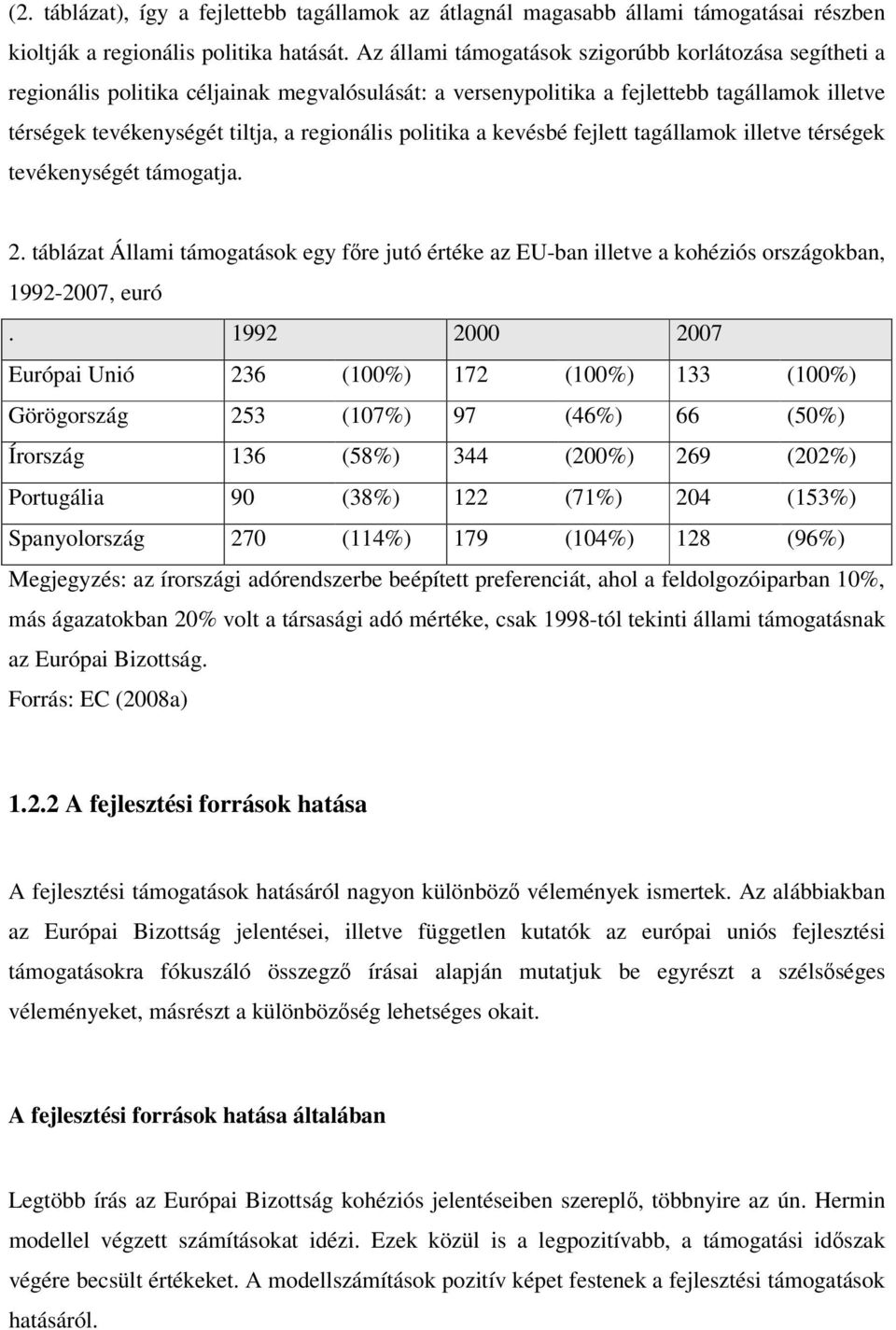 politika a kevésbé fejlett tagállamok illetve térségek tevékenységét támogatja. 2. táblázat Állami támogatások egy főre jutó értéke az EU-ban illetve a kohéziós országokban, 1992-2007, euró.