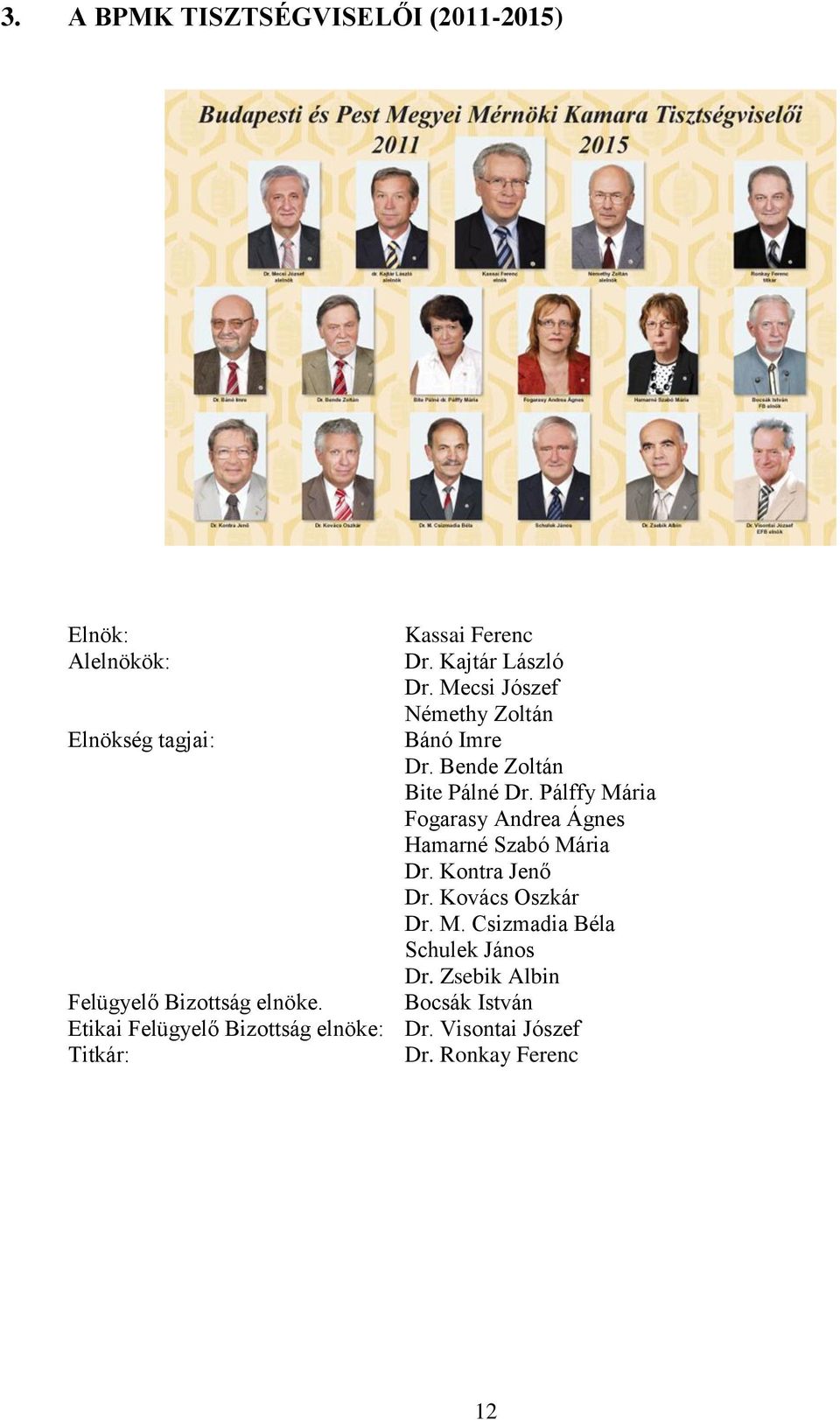 Pálffy Mária Fogarasy Andrea Ágnes Hamarné Szabó Mária Dr. Kontra Jenő Dr. Kovács Oszkár Dr. M. Csizmadia Béla Schulek János Dr.