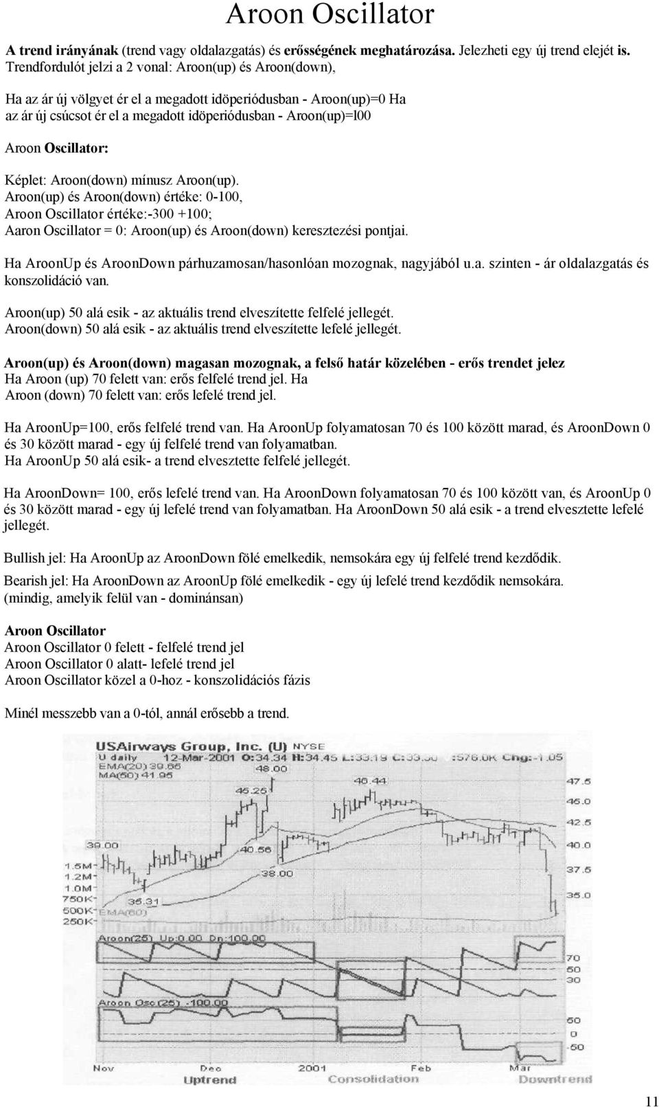 Oscillator: Képlet: Aroon(down) mínusz Aroon(up). Aroon(up) és Aroon(down) értéke: 0-100, Aroon Oscillator értéke:-300 +100; Aaron Oscillator = 0: Aroon(up) és Aroon(down) keresztezési pontjai.