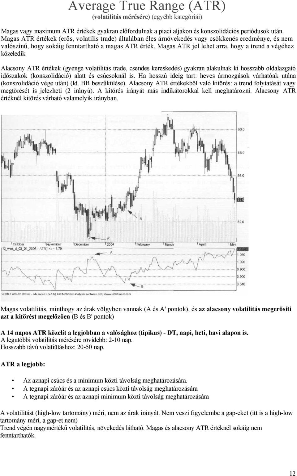 Magas ATR jel lehet arra, hogy a trend a végéhez közeledik Alacsony ATR értékek (gyenge volatilitás trade, csendes kereskedés) gyakran alakulnak ki hosszabb oldalazgató időszakok (konszolidáció)