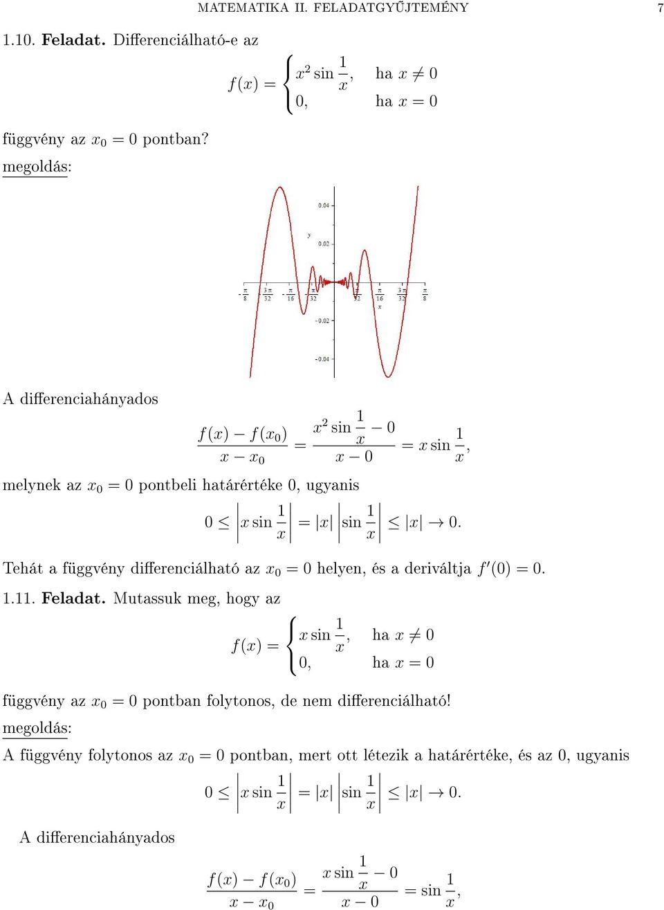 Tehát a függvény dierenciálható az = helyen, és a deriváltja f () =... Feladat.