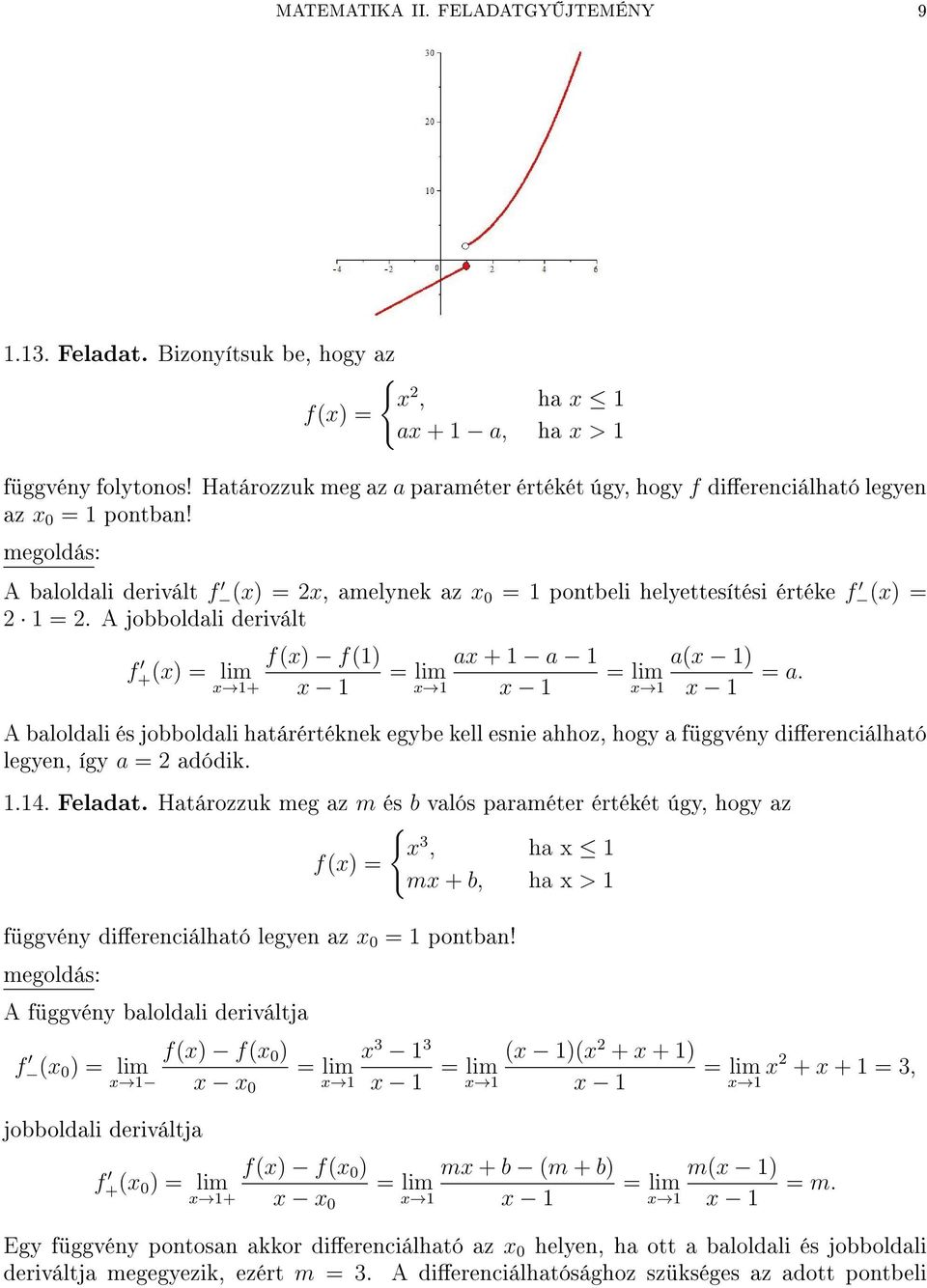 A jobboldali derivált f +() f() f() + a + a a( ) A baloldali és jobboldali határértéknek egybe kell esnie ahhoz, hogy a függvény dierenciálható legyen, így a = adódik..4. Feladat.