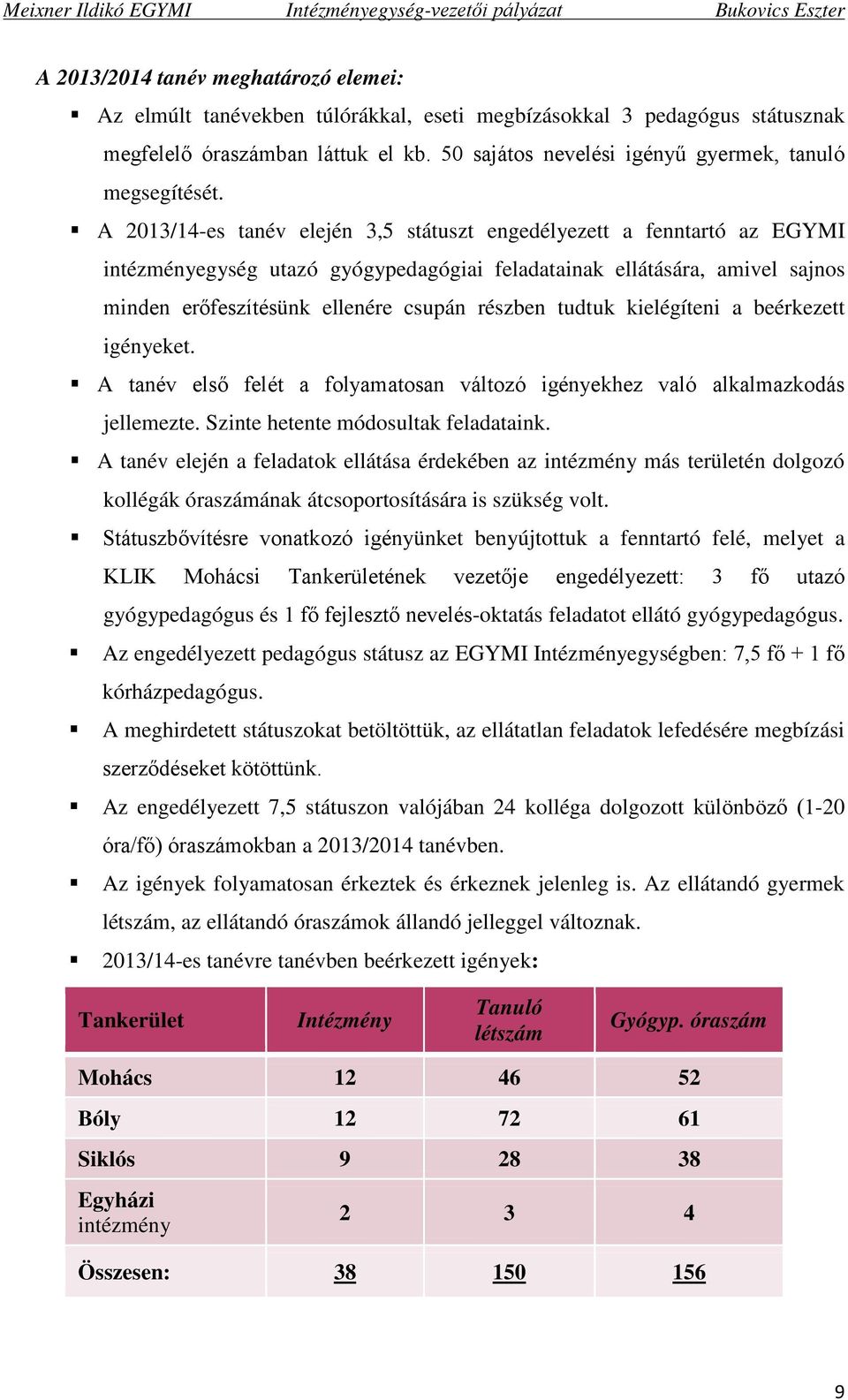 A 2013/14-es tanév elején 3,5 státuszt engedélyezett a fenntartó az EGYMI intézményegység utazó gyógypedagógiai feladatainak ellátására, amivel sajnos minden erőfeszítésünk ellenére csupán részben