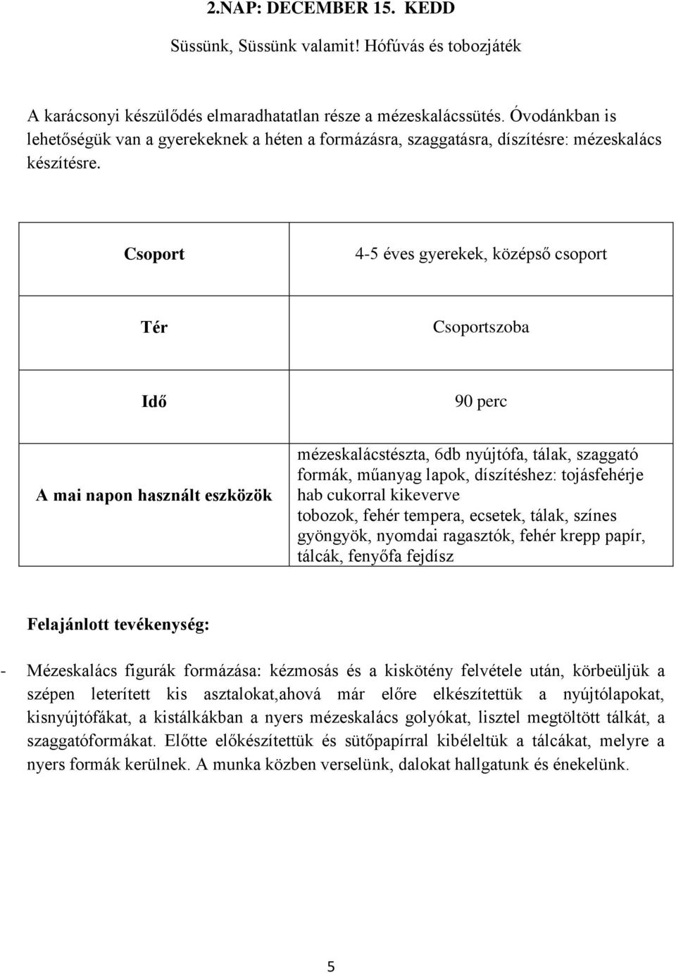 Csoport 4-5 éves gyerekek, középső csoport Tér Csoportszoba Idő 90 perc A mai napon használt eszközök mézeskalácstészta, 6db nyújtófa, tálak, szaggató formák, műanyag lapok, díszítéshez: tojásfehérje