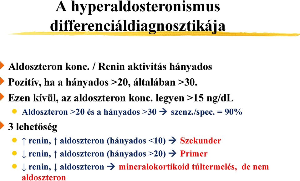 legyen >15 ng/dl Aldoszteron >20 és a hányados >30 szenz./spec.