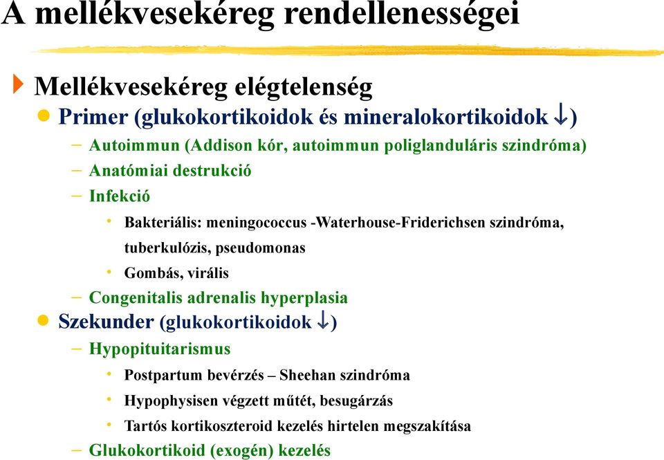 tuberkulózis, pseudomonas Gombás, virális Congenitalis adrenalis hyperplasia Szekunder (glukokortikoidok ) Hypopituitarismus Postpartum
