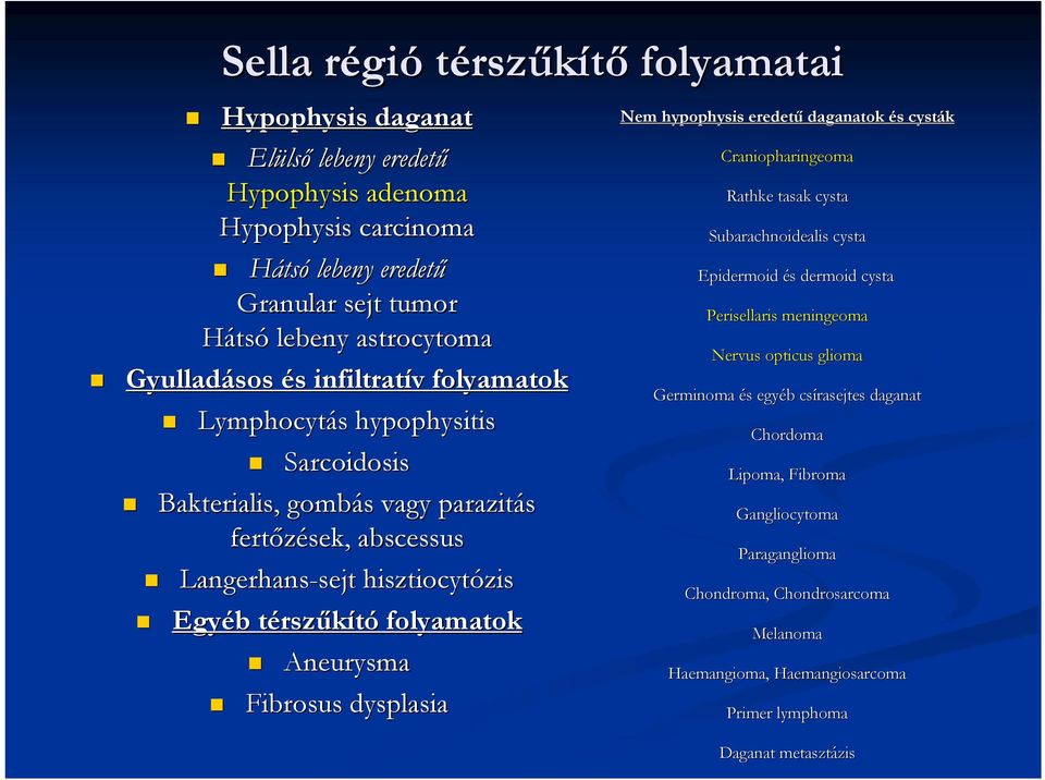 Fibrosus dysplasia Nem hypophysis eredetű daganatok és cysták Craniopharingeoma Rathke tasak cysta Subarachnoidealis cysta Epidermoid és dermoid cysta Perisellaris meningeoma Nervus opticus glioma