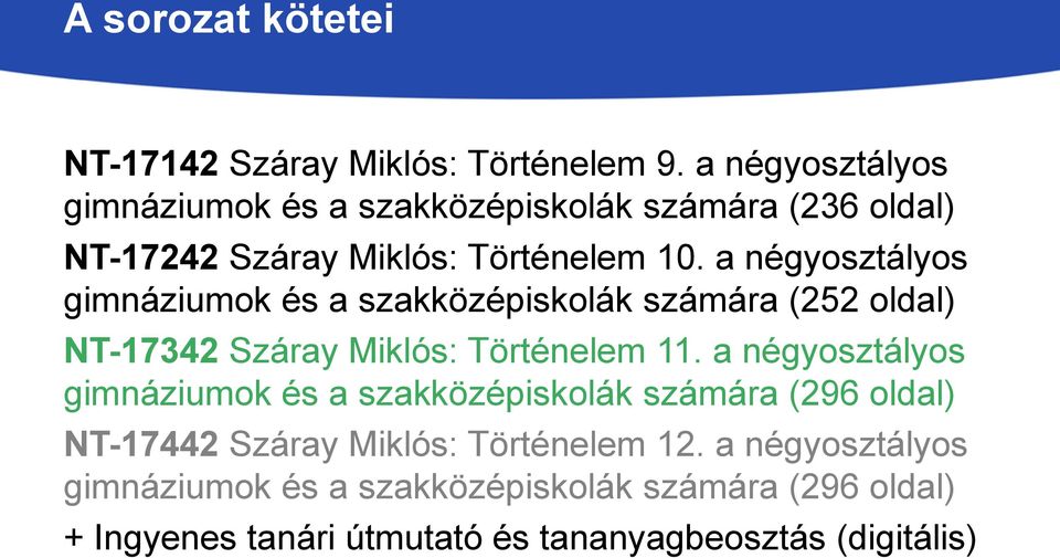 a négyosztályos gimnáziumok és a szakközépiskolák számára (252 oldal) NT-17342 Száray Miklós: Történelem 11.