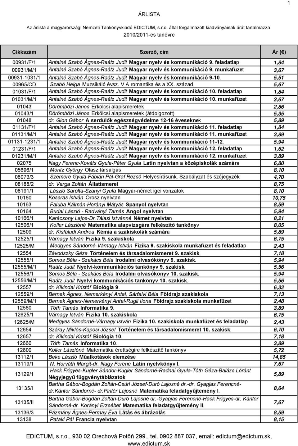 által forgalmazott kiadványainak árát tartalmazza 2010/2011-es tanévre Cikkszám Szerző, cím Ár ( ) 00931/F/1 Antalné Szabó Ágnes-Raátz Judit Magyar nyelv és kommunikáció 9.