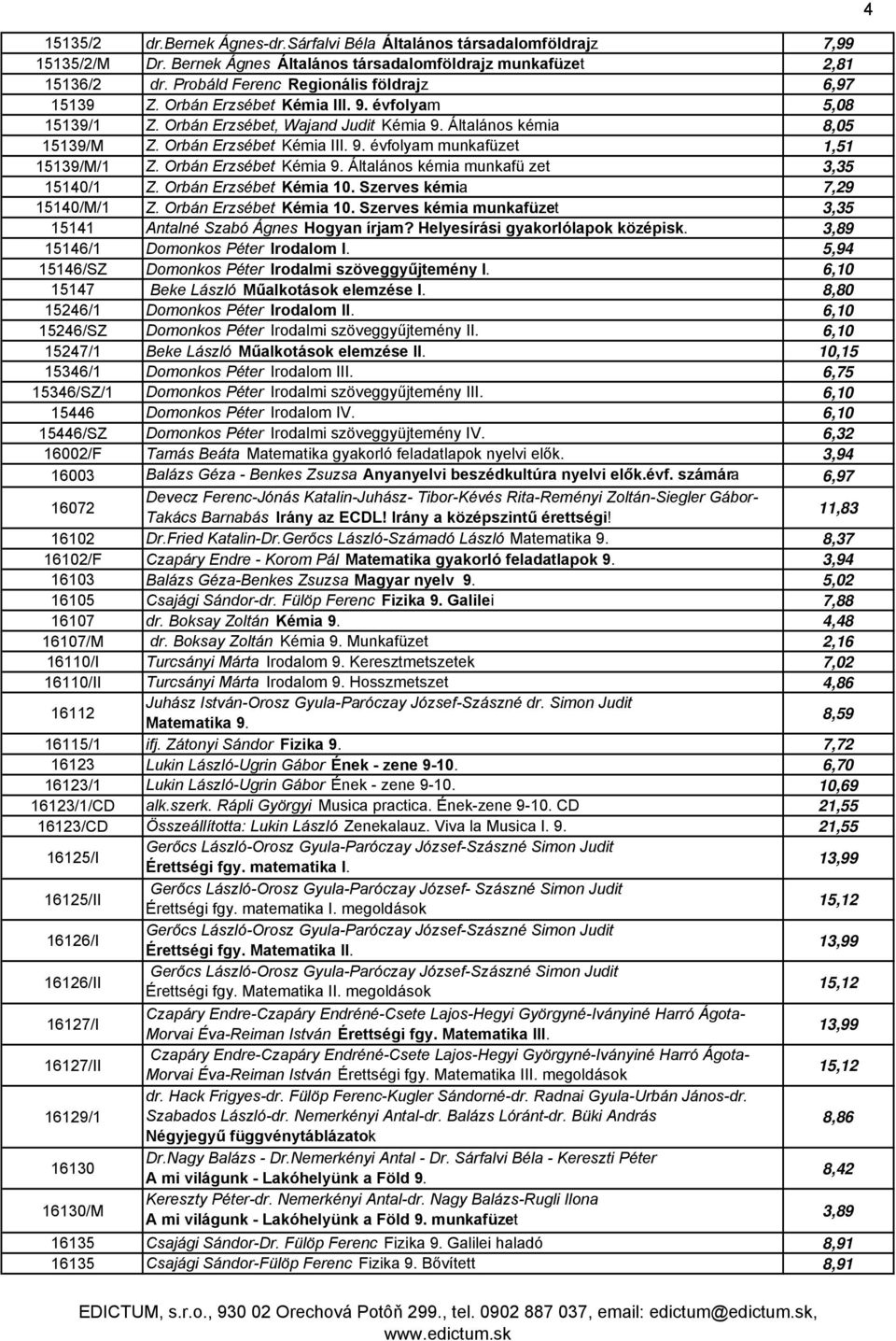 Orbán Erzsébet Kémia 9. Általános kémia munkafü zet 3,35 15140/1 Z. Orbán Erzsébet Kémia 10. Szerves kémia 7,29 15140/M/1 Z. Orbán Erzsébet Kémia 10. Szerves kémia munkafüzet 3,35 15141 Antalné Szabó Ágnes Hogyan írjam?