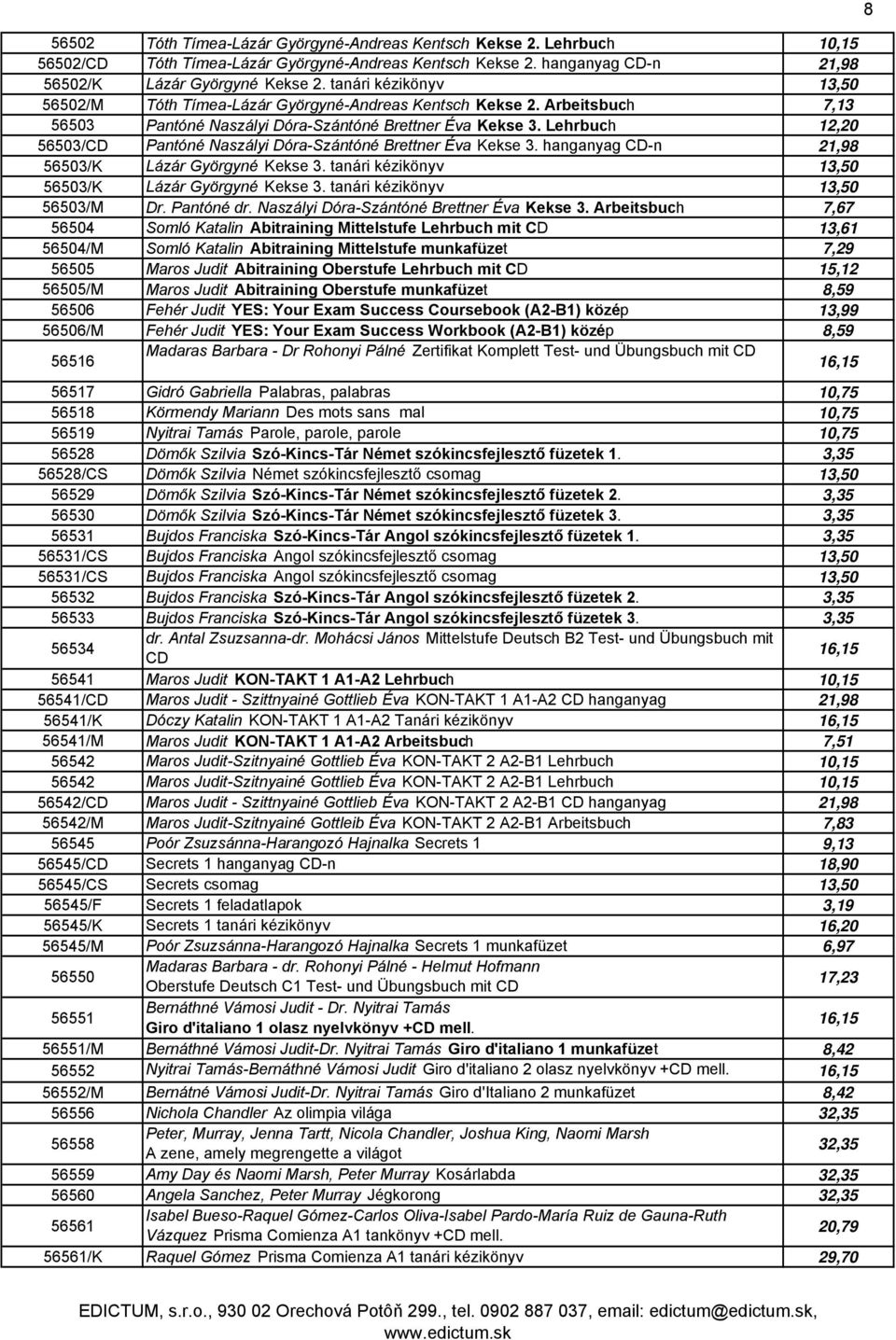 Lehrbuch 12,20 56503/CD Pantóné Naszályi Dóra-Szántóné Brettner Éva Kekse 3. hanganyag CD-n 21,98 56503/K Lázár Györgyné Kekse 3. tanári kézikönyv 13,50 56503/K Lázár Györgyné Kekse 3.